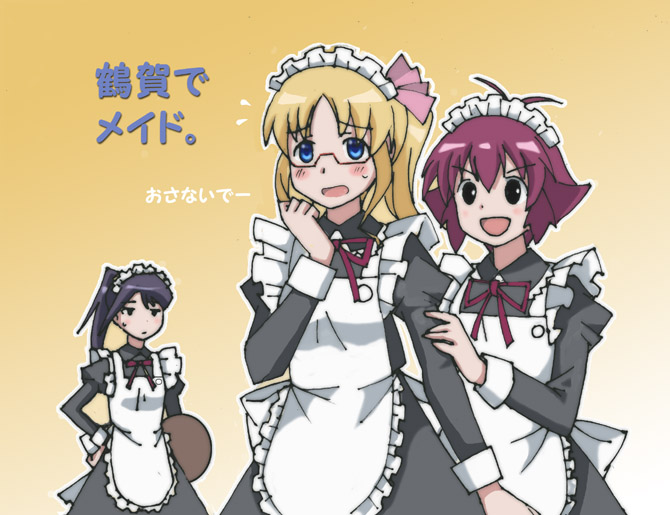 kanbara satomi, senoo kaori, tsuyama mutsuki, saki (manga), 00s, 3girls, :d, antenna hair, apron, black dress, blonde hair, dress, jitome, long sleeves, maid, maid apron, multiple girls, open mouth, ponytail, short hair, smile