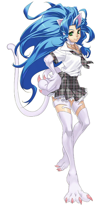 nakamura tatsunori, felicia (darkstalkers), capcom, cross edge, darkstalkers, fur, official art, 1girl, alternate costume, animal ears, animal hands, big hair, blue hair, cat ears, cat tail, claws, female focus, green eyes, hand on own hip, heart, hip focus, jewelry, leg lift, long hair, necklace, necktie, pendant, plaid clothes, plaid skirt, pleated skirt, school uniform, serafuku, simple background, skirt, smile, solo, standing, standing on one leg, tail, unmoving pattern, very long hair, white background