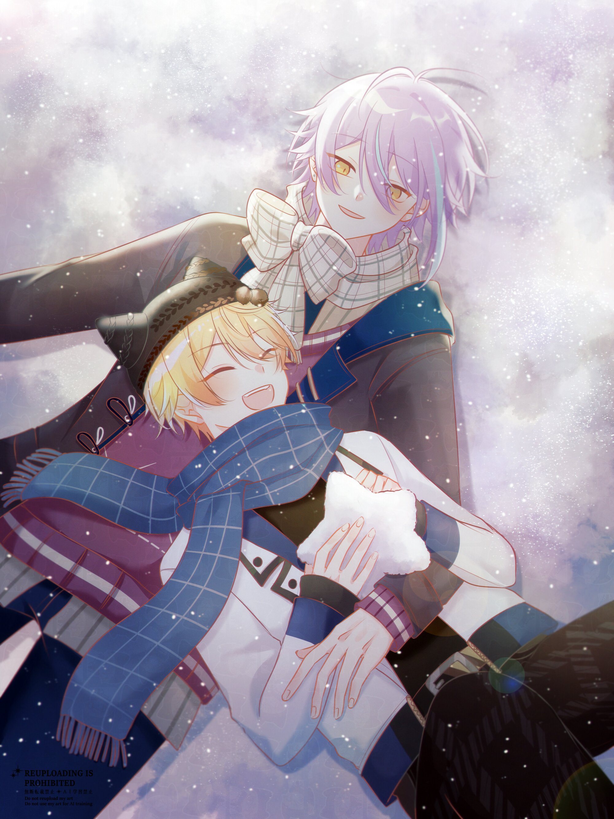 kuraritk, kamishiro rui, tenma tsukasa, project sekai, absurdres, highres, 2boys, :d, ahoge, animal hat, closed eyes, hat, head on chest, jacket, long sleeves, looking at another, lying, multiple boys, on back, open mouth, purple hair, scarf, smile, snow