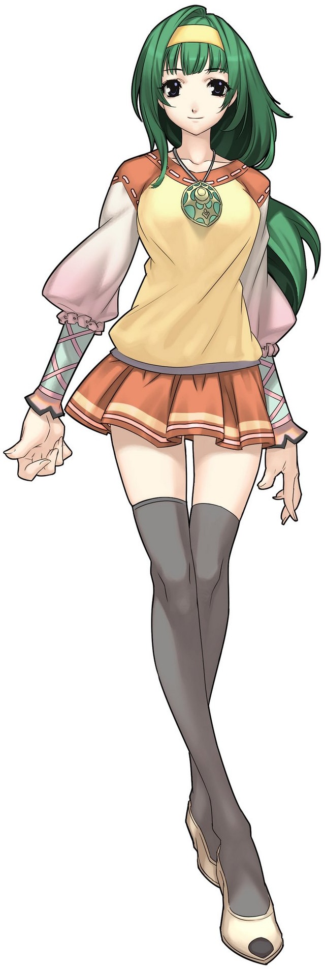 nakamura tatsunori, aiba mikoto, cross edge, highres, official art, 1girl, female focus, green hair, hairband, jewelry, kneehighs, long hair, necklace, skirt, socks, solo, thighhighs, zettai ryouiki