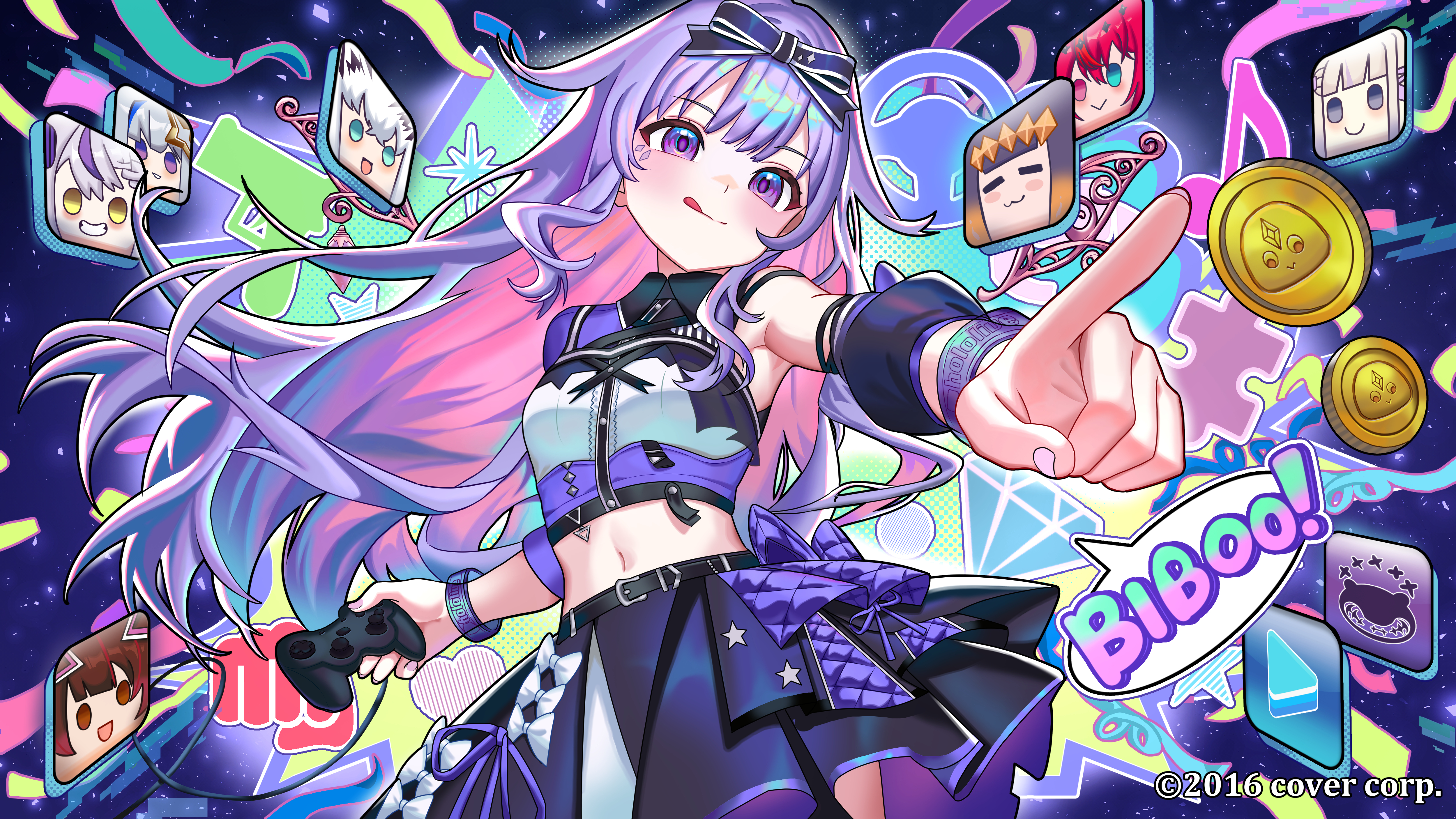 fluffycatfish, amane kanata, irys (hololive), koseki bijou, la+ darknesss, ninomae ina'nis, pebble (koseki bijou), roboco-san, shirakami fubuki, todoroki hajime, hololive, hololive dev is, hololive english, absurdres, commentary, english commentary, highres, official art, 1girl, :q, black shirt, black skirt, center-flap bangs, center frills, collared shirt, color-coded, colored inner hair, controller, cropped shirt, detached sleeves, double-parted bangs, frills, game controller, gradient hair, hair flaps, holding, holding controller, holding game controller, hololive idol uniform (color rise), idol clothes, long hair, midriff, miniskirt, multicolored hair, multicolored shirt, navel, official alternate costume, pink hair, pokey (hololive), puffy detached sleeves, puffy short sleeves, puffy sleeves, purple eyes, purple hair, shirt, short sleeves, sidelocks, single detached sleeve, single sleeve, skirt, solo, tongue, tongue out, very long hair, virtual youtuber, white shirt