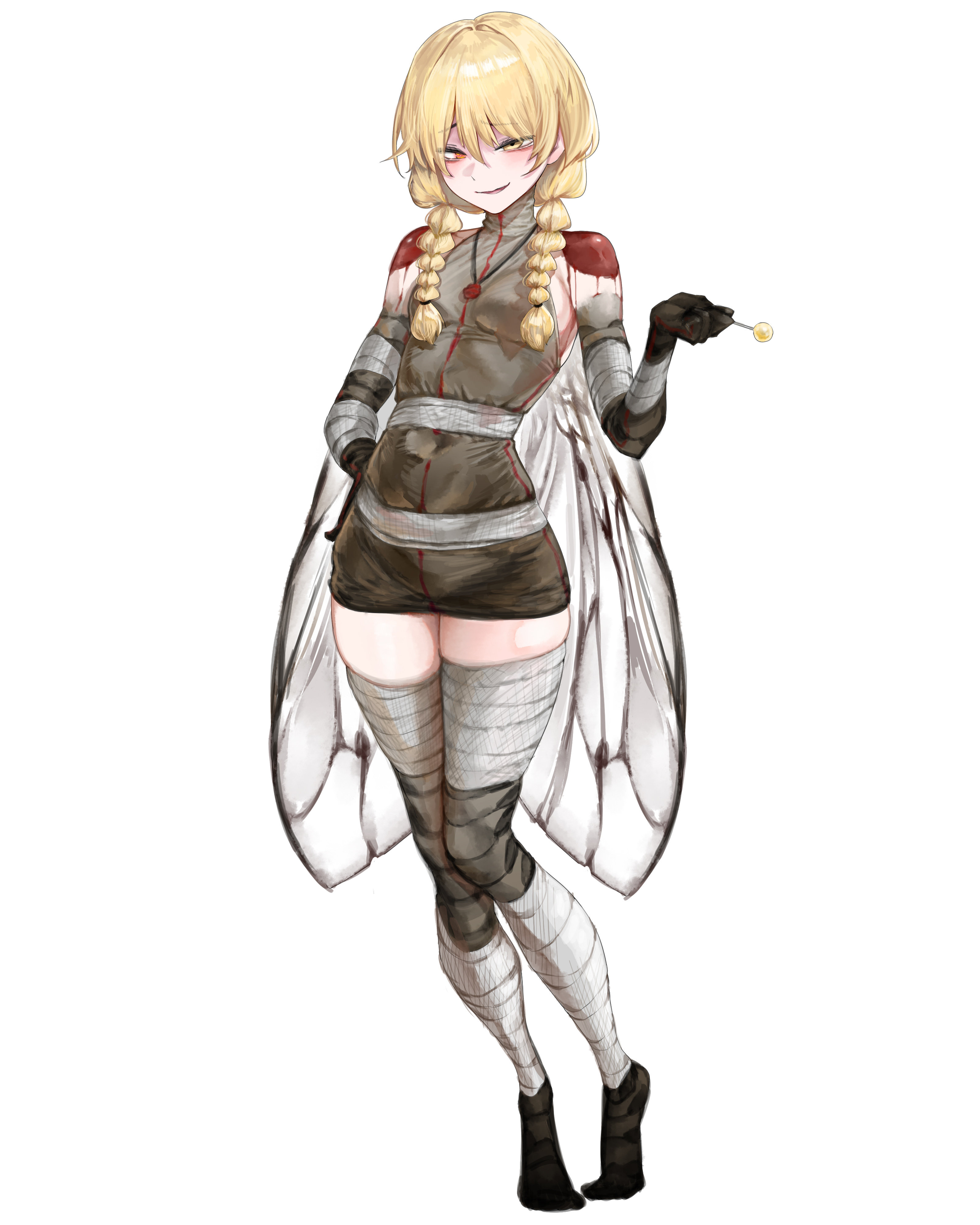 m4skedboi, absurdres, highres, variant set, 1girl, arthropod girl, bandaged leg, bandages, bare shoulders, black gloves, black hair, black skirt, braid, breasts, candy, collared shirt, food, gloves, grey shirt, hair over shoulder, holding, holding candy, holding food, holding lollipop, insect wings, jewelry, lollipop, miniskirt, necklace, parted lips, shirt, simple background, skirt, small breasts, smile, solo, standing, thighhighs, twin braids, white background, wings, yellow eyes, zettai ryouiki