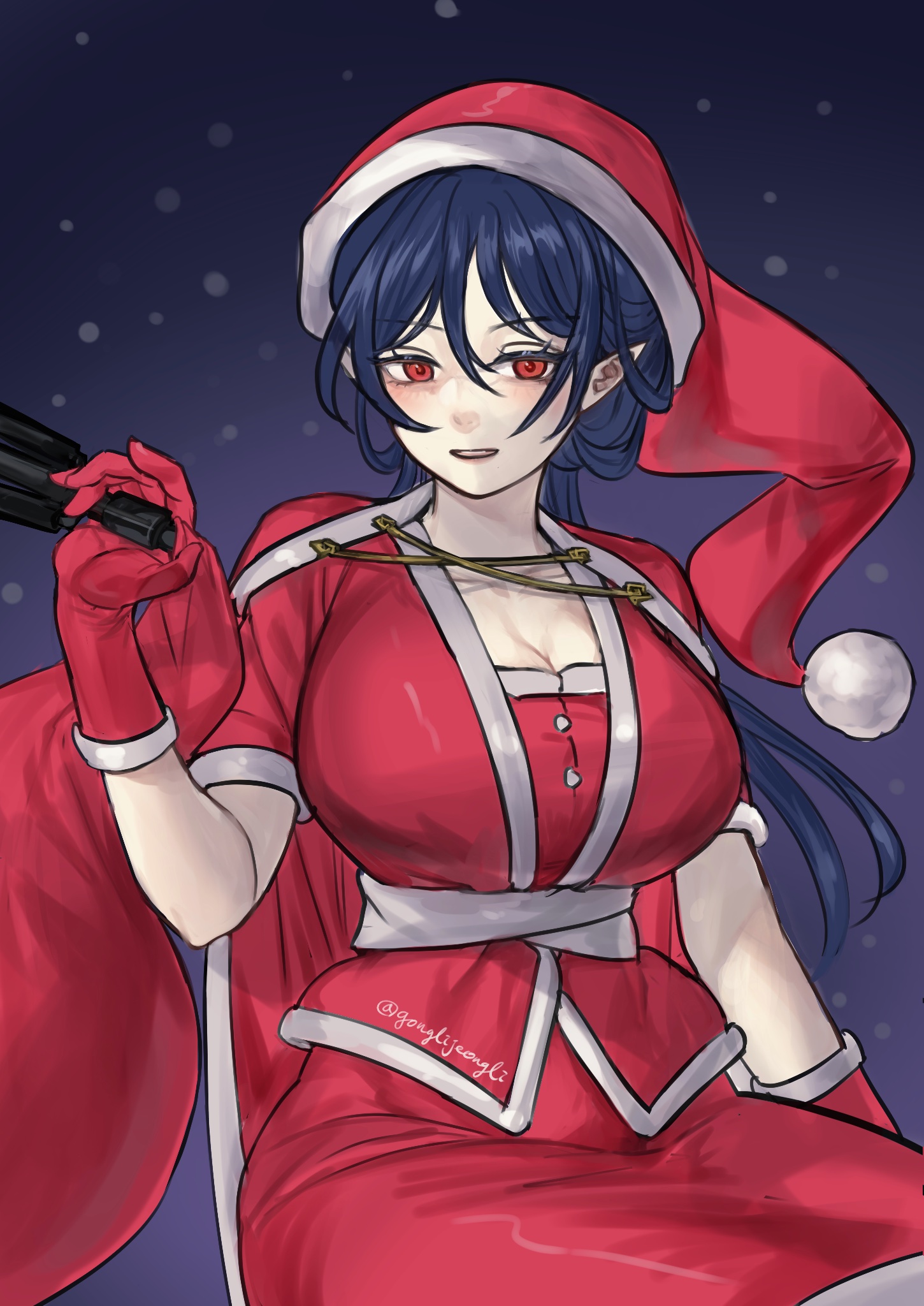 gonglijeongli, iizunamaru megumu, touhou, highres, 1girl, bag, blue hair, breasts, cape, cleavage, hat, holding, holding bag, large breasts, night, pointy ears, red bag, red cape, red eyes, red shirt, red skirt, santa costume, santa hat, shirt, short sleeves, skirt, snow, white trim