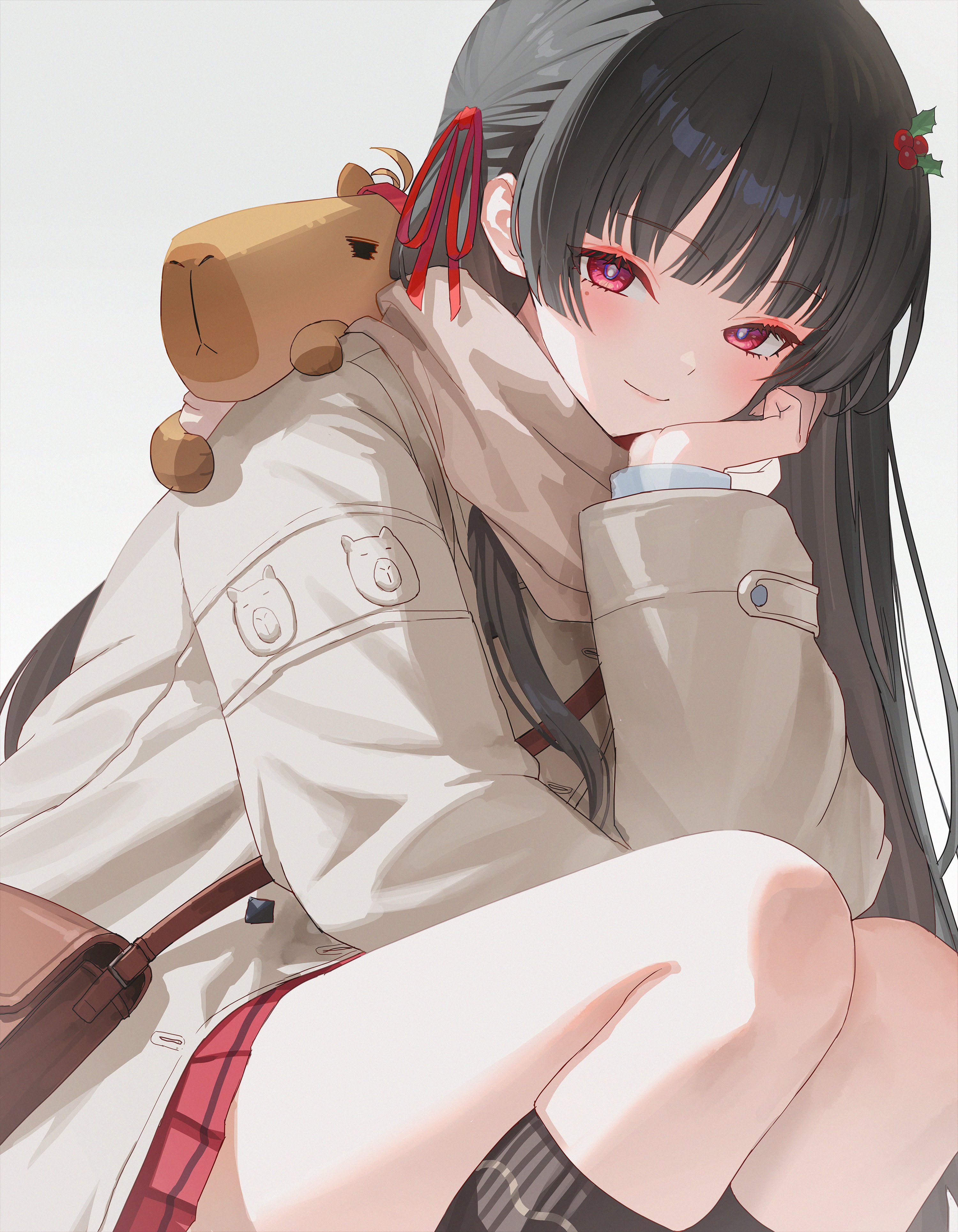 ddcc0123, chisa (wuthering waves), wuthering waves, absurdres, commentary request, highres, korean commentary, 1girl, black hair, brown scarf, closed mouth, grey background, grey jacket, hair ornament, hair ribbon, head rest, jacket, long hair, long sleeves, looking at viewer, mole, mole under eye, namipon (wuthering waves), official alternate costume, red eyes, red ribbon, red skirt, ribbon, scarf, simple background, skirt, smile, solo, squatting, very long hair