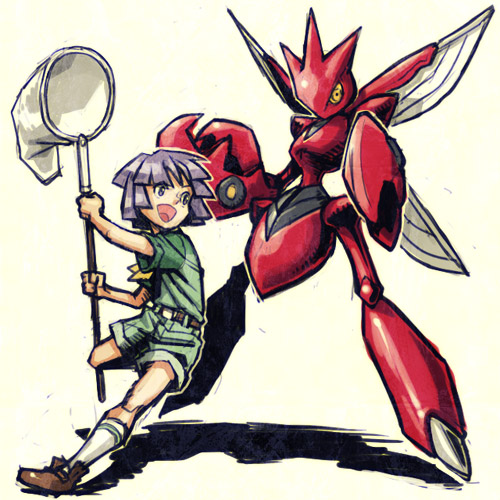 meimaru inuchiyo, bugsy (pokemon), scizor, nintendo, pokemon, pokemon hgss, lowres, 00s, 1boy, butterfly net, gen 2 pokemon, gym leader, hand net, insect wings, male focus, net, pokemon (creature), purple hair, shorts, wings, yellow eyes