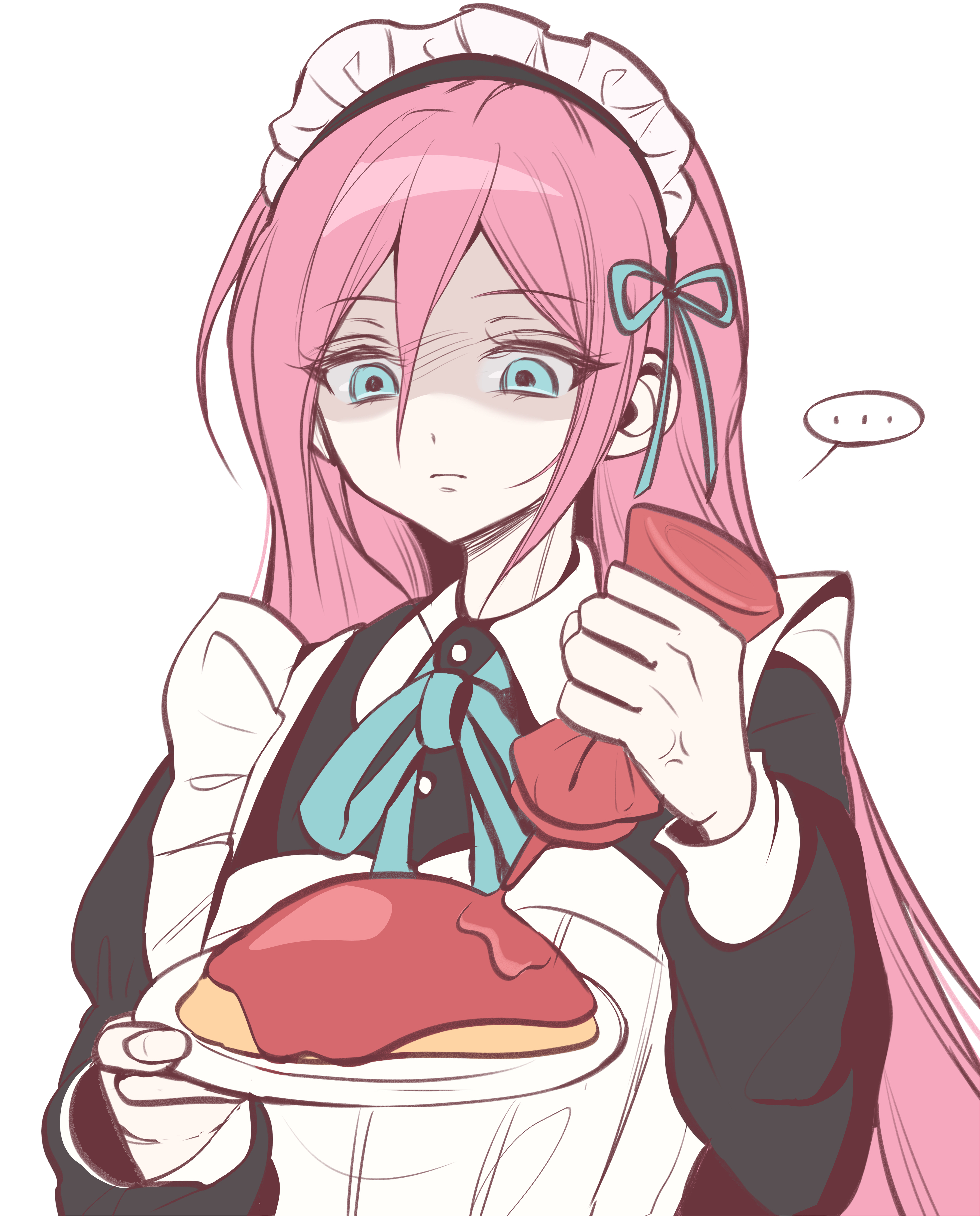 wktdms1, aubrey (faraway) (omori), aubrey (omori), omori, absurdres, highres, …, 1girl, alternate costume, anger vein, blue eyes, bottle, closed mouth, double-parted bangs, enmaided, food, gloves, hair between eyes, holding, holding bottle, ketchup, ketchup bottle, long hair, long sleeves, looking at viewer, maid, maid headdress, omelet, omurice, pink hair, simple background, solo, speech bubble, spoken ellipsis, upper body, white background, white gloves