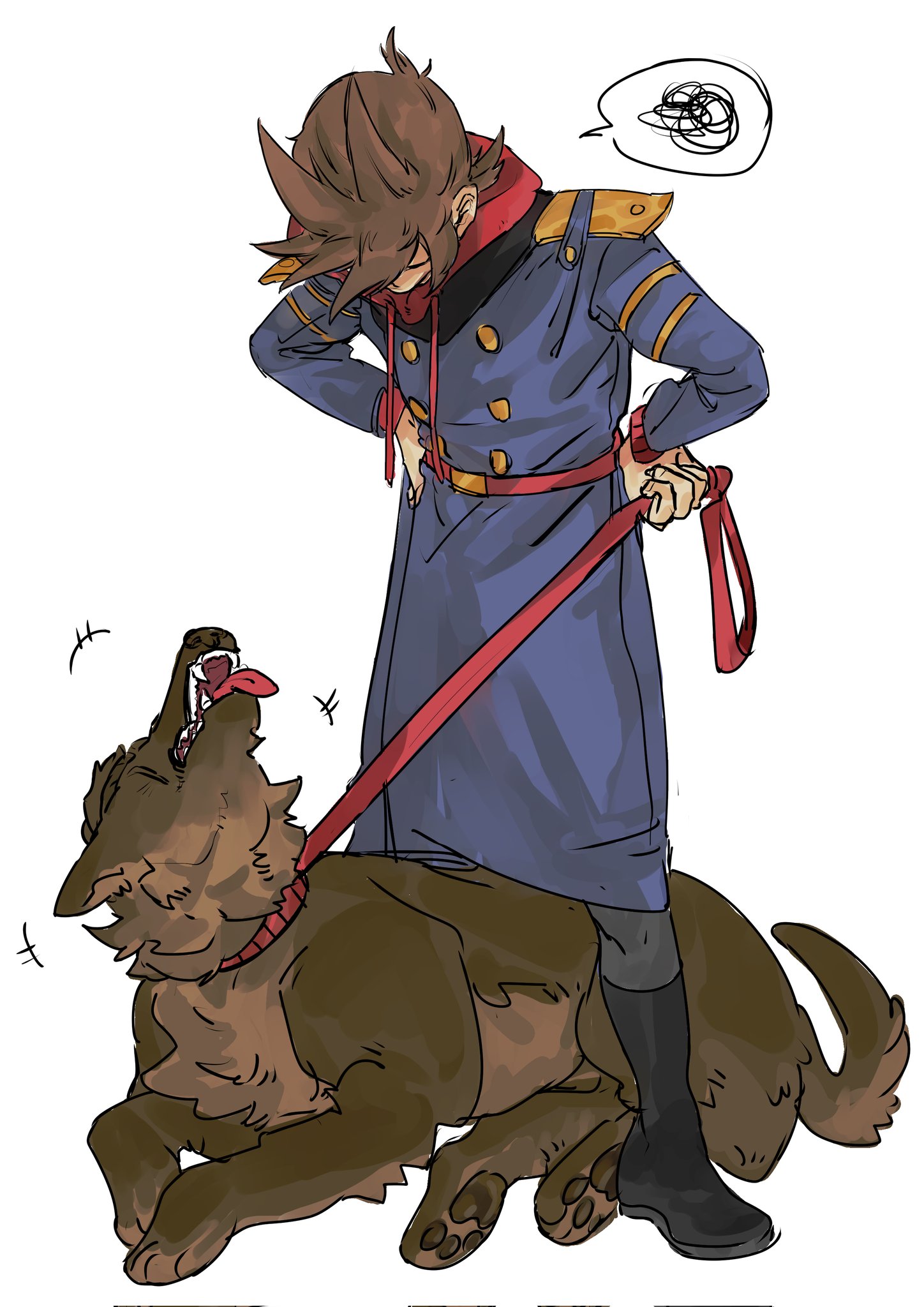 kuangzihaixing, future tord (eddsworld), eddsworld, chinese commentary, commentary request, highres, 1boy, animalization, animification, antenna hair, black boots, blue coat, boots, brown dog, brown hair, buttons, coat, dog, drawstring, flipped hair, grey pants, hair ears, hands on own hips, holding, holding leash, hood, hood down, hoodie, leash, long coat, long sleeves, looking down, male focus, pants, paul (eddsworld), red hoodie, short hair, simple background, solo focus, speech bubble, spoken squiggle, squiggle, tord (eddsworld), white background