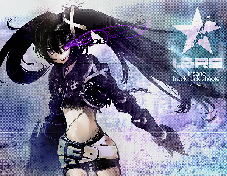 ovos, insane black rock shooter, black rock shooter, bad id, bad pixiv id, 10s, 1girl, armor, belt, belt skirt, black hair, fangs, female focus, glowing, glowing eyes, midriff, navel, purple eyes, scar, short shorts, shorts, smile, solo, stitches, twintails, uneven twintails