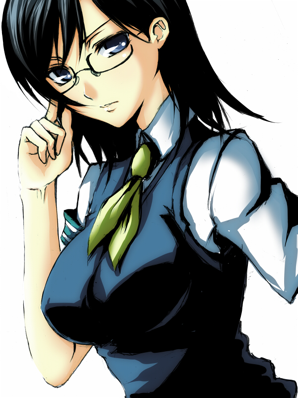 iwamoto eiri, konori mii, toaru kagaku no railgun, toaru majutsu no index, bad id, bad pixiv id, 00s, 1girl, black hair, blue eyes, female focus, glasses, necktie, short hair, solo, sweater, sweater vest, vest