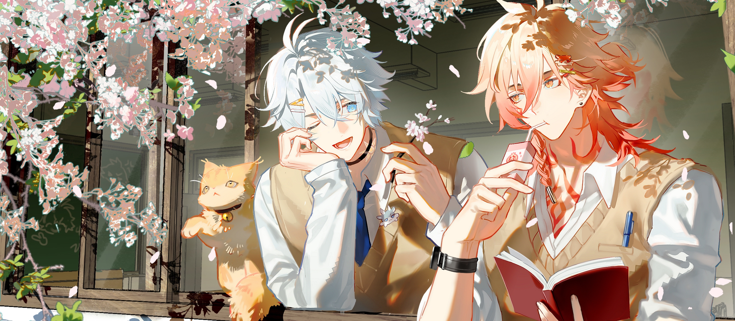 suirandanshihao, mydei (honkai: star rail), phainon (honkai: star rail), honkai: star rail, honkai (series), chinese commentary, commentary request, commission, highres, 2boys, antenna hair, black choker, blonde hair, blue eyes, blue necktie, book, braid, brown vest, cherry blossoms, chest tattoo, choker, collared shirt, drink carton, drinking straw, drinking straw in mouth, facial tattoo, falling petals, gradient hair, holding, holding book, juice box, long sleeves, male focus, medium hair, multicolored hair, multiple boys, neck tattoo, necktie, object in pocket, one eye closed, parted bangs, pen in pocket, petals, pocket, red hair, red tattoo, school uniform, shirt, short hair, side braid, sun symbol, sun tattoo, tan, tattoo, vest, watch, white hair, white shirt, wristwatch, yellow eyes