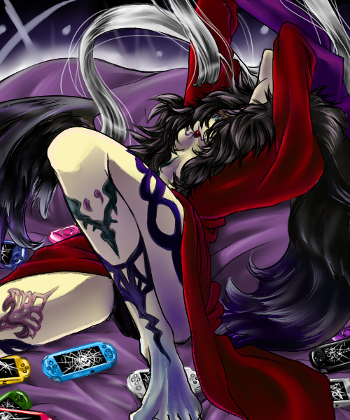 hanataro, taro (116taro), ultimecia, dissidia final fantasy, final fantasy, final fantasy viii, 1990s (style), 1girl, arms up, barefoot, breasts, broken, cleavage, dress, female focus, grey hair, handheld game console, long hair, playstation portable, solo, tattoo, very long hair, wings