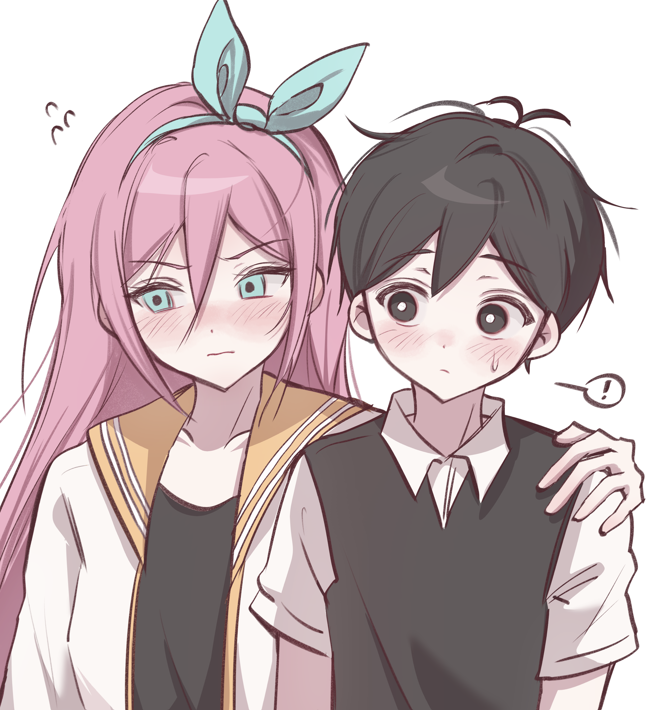 wktdms1, aubrey (faraway) (omori), aubrey (omori), sunny (omori), omori, absurdres, highres, !, 1boy, 1girl, antenna hair, black eyes, black hair, black sweater vest, blue hairband, blush, bright pupils, closed mouth, collarbone, collared shirt, double-parted bangs, flying sweatdrops, hair between eyes, hairband, hand on another's shoulder, jacket, long hair, looking at another, open clothes, open jacket, shirt, short hair, short sleeves, simple background, speech bubble, spoken exclamation mark, sweatdrop, sweater vest, white background, white jacket, white pupils, white shirt