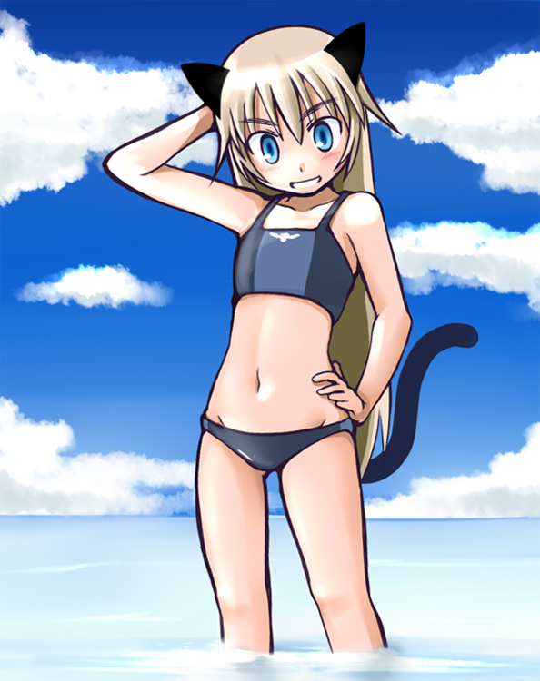 tanaka rikimaru, helma lennartz, strike witches, strike witches: suomus misfits squadron, world witches series, 00s, 1girl, animal ears, arm behind head, bikini, blonde hair, blue eyes, cat ears, cat tail, day, female focus, flat chest, grin, hand on own hip, long hair, navel, smile, solo, swimsuit, tail, tankini, wading, water