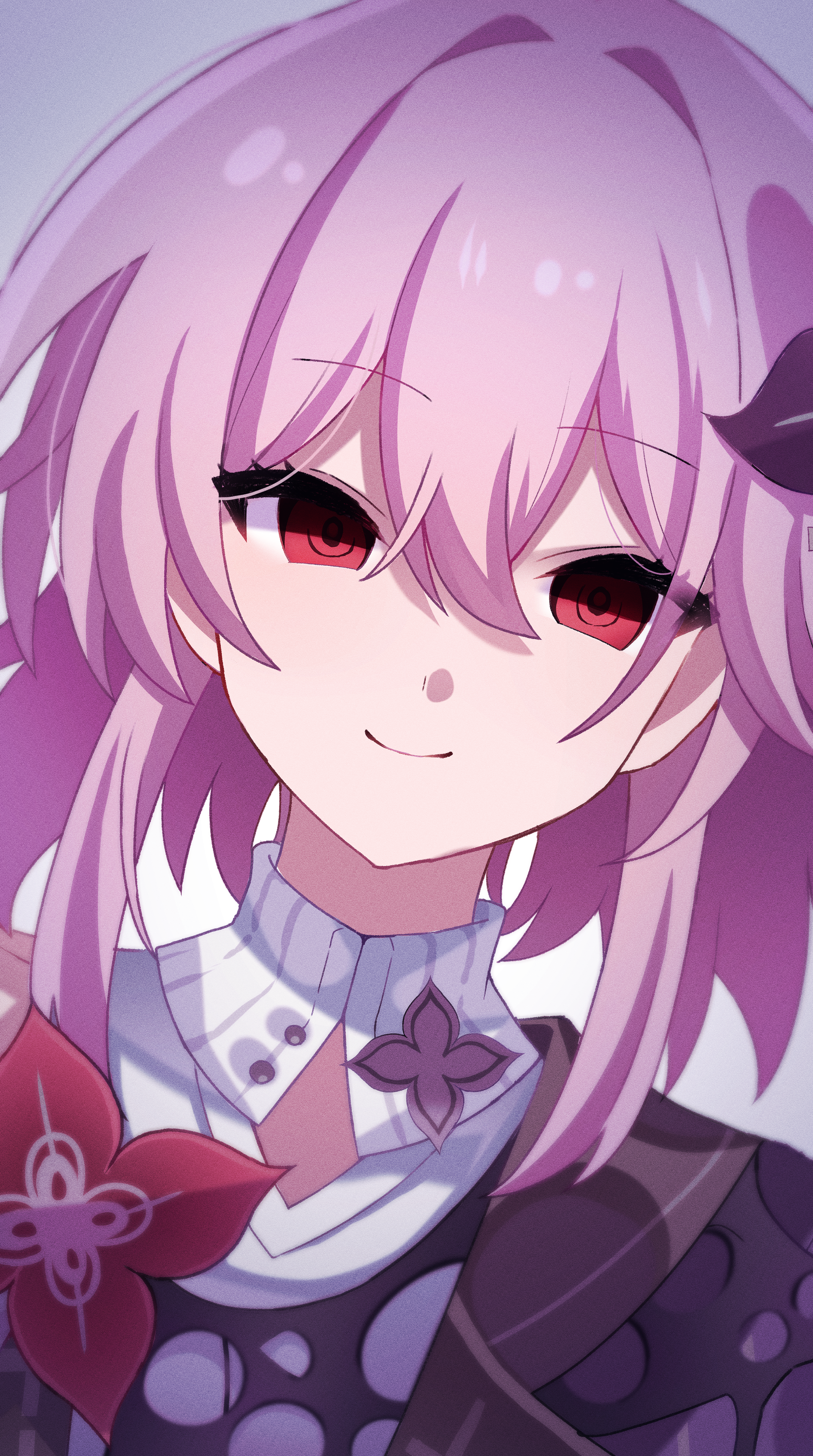 evernight (honkai: star rail), march 7th (honkai: star rail), honkai: star rail, honkai (series), absurdres, commentary request, highres, 1girl, buttons, clothing cutout, collar, flower, hair between eyes, hair flower, hair ornament, kurazuru, layered clothes, light smile, looking at viewer, pink hair, red eyes, red flower, sidelocks, white background