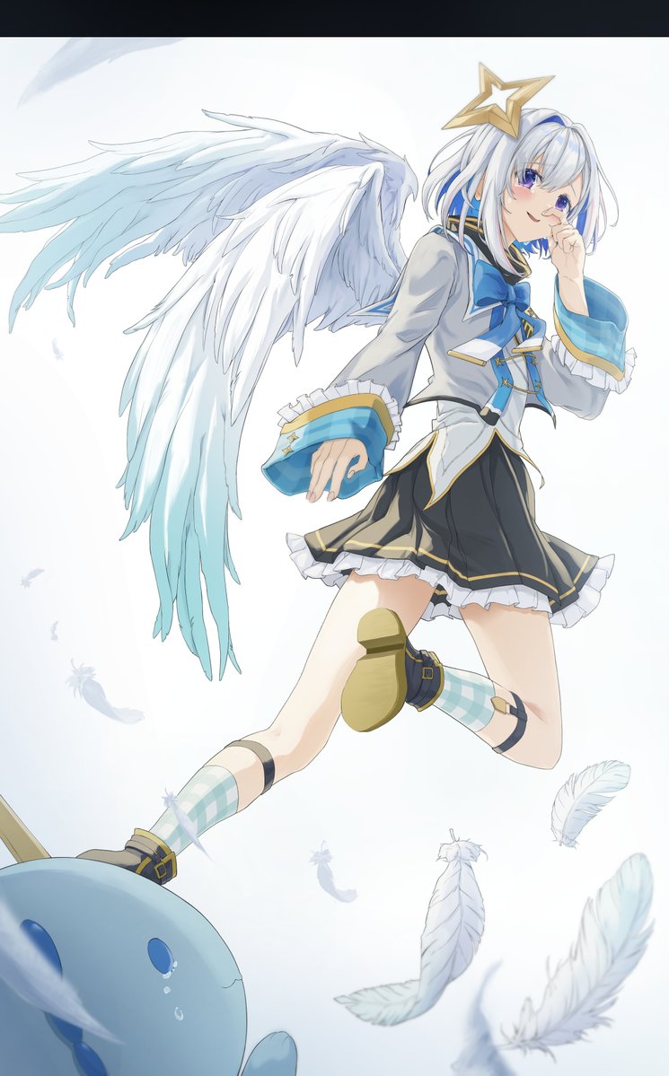 nanasenaru, amane kanata, amane kanata (1st costume), upao (amane kanata), hololive, 1girl, angel, angel wings, black dress, black shoes, blue hair, blush, dress, grey hair, halo, jacket, looking at viewer, medium hair, purple eyes, shoes, smile, socks, solo, star halo, virtual youtuber, white background, white jacket, white socks, wings