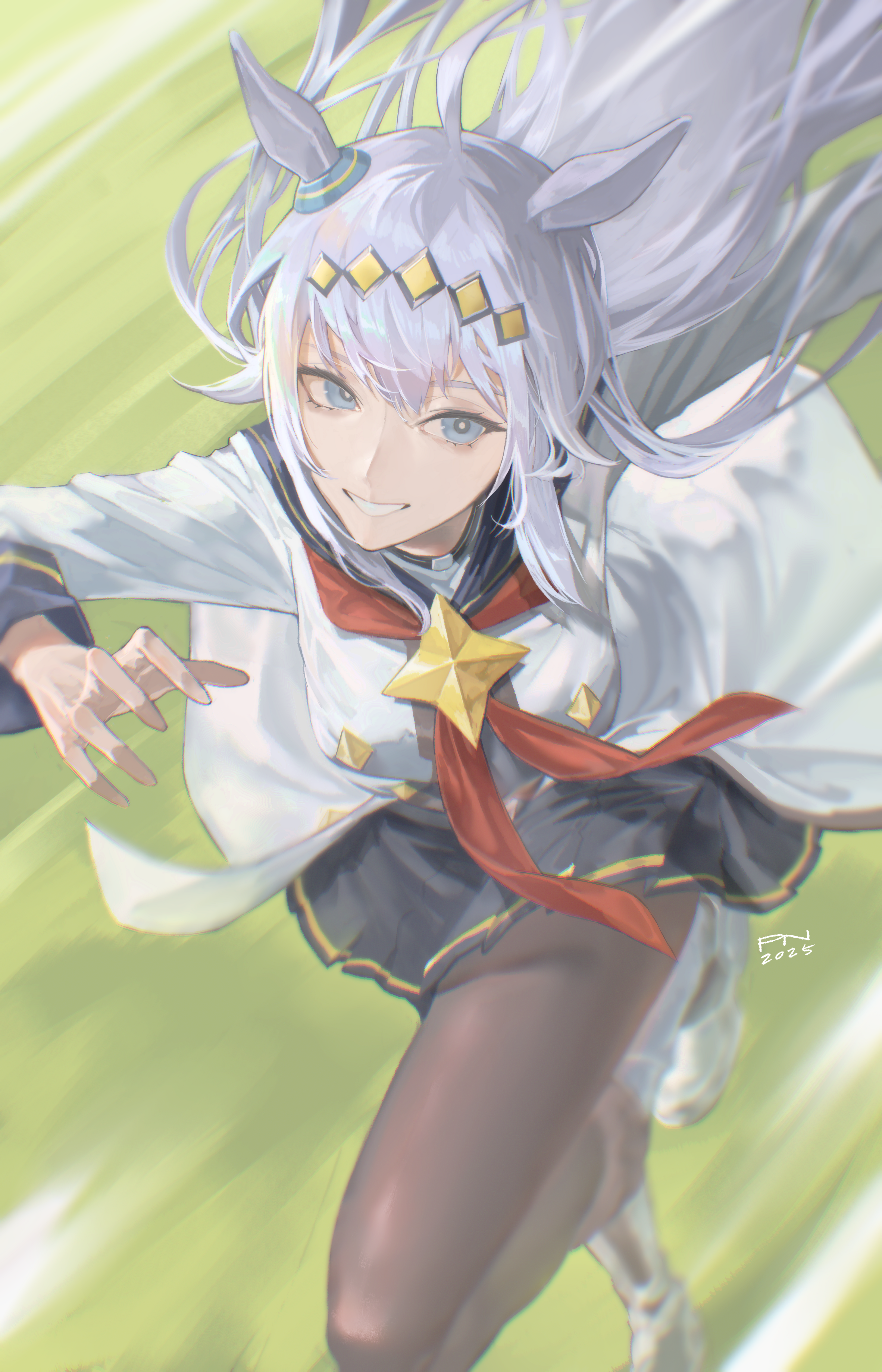 oguri cap (starlight beat) (umamusume), oguri cap (umamusume), umamusume, absurdres, commentary, highres, 1girl, animal ears, artist name, black pantyhose, black skirt, blue eyes, blue sailor collar, floating hair, full body, grey hair, grin, hair ornament, horse ears, horse girl, leg up, motion lines, neckerchief, pantyhose, pleated skirt, red neckerchief, running, sailor collar, school uniform, serafuku, sidelocks, skirt, smile, solo, user ycug4382, white serafuku