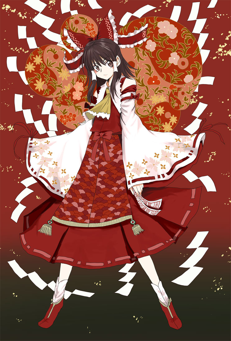 tsurui, hakurei reimu, touhou, 1girl, adapted costume, bare shoulders, black eyes, black hair, blouse, bow, detached sleeves, female focus, full body, gradient background, hair bow, head tilt, japanese clothes, legs apart, long hair, miko, ofuda, red background, red shirt, red shoes, ribbon-trimmed skirt, ribbon trim, shide, shirt, shoes, socks, solo, standing, wide sleeves, yin yang