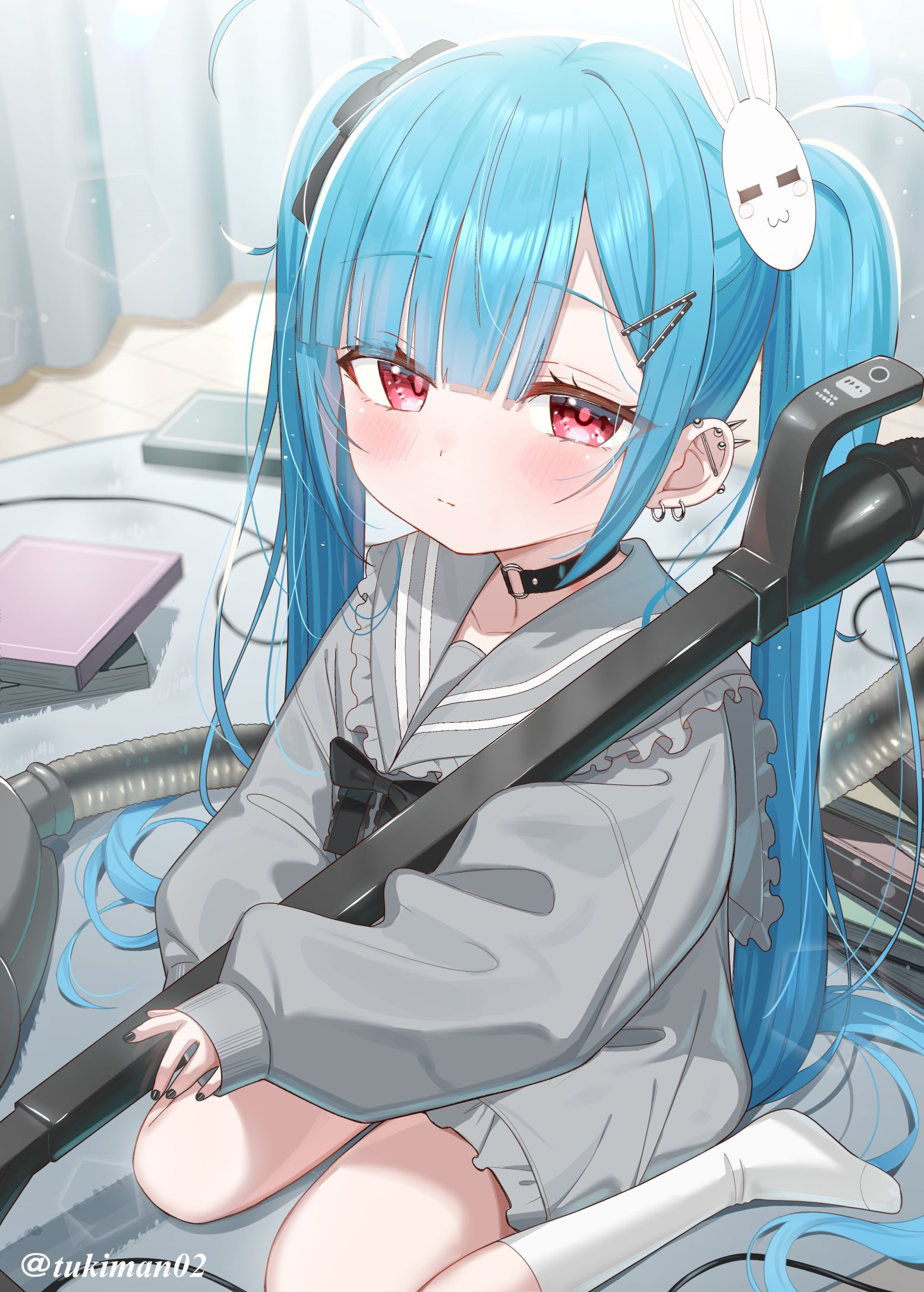tsukiman, original, commentary request, highres, 1girl, black bow, black nails, blue hair, blush, bow, carpet, closed mouth, curtains, dress, ear piercing, frilled sailor collar, frilled shirt, frills, grey dress, grey sailor collar, grey shirt, hair bow, hair ornament, hairclip, indoors, kanae (tsukiman), long hair, long sleeves, looking at viewer, nail polish, no shoes, piercing, puffy long sleeves, puffy sleeves, rabbit hair ornament, red eyes, sailor collar, shirt, sitting, sleeves past wrists, socks, solo, twintails, vacuum cleaner, very long hair, wariza, white socks, wooden floor