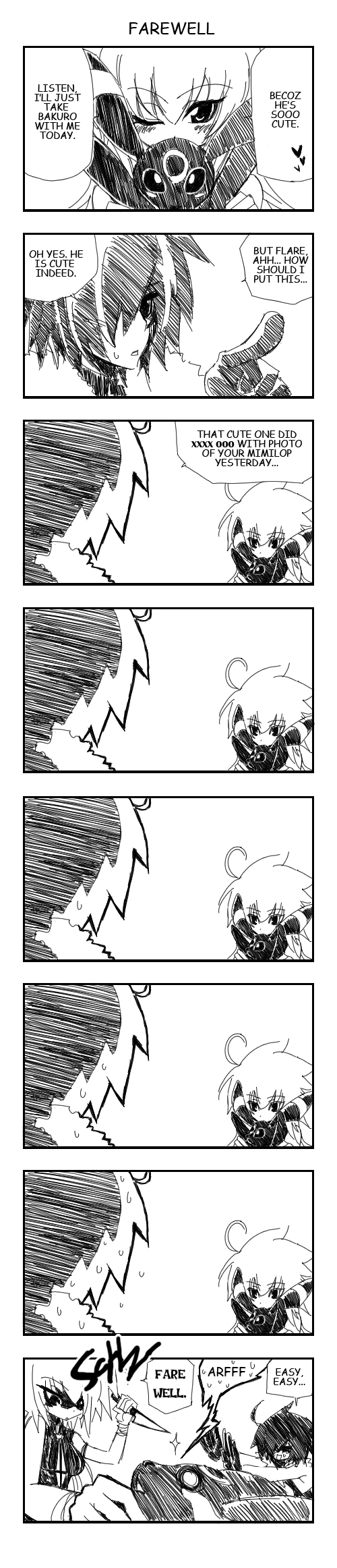fuya (tempupupu), temp (artist), umbreon, nintendo, original, pokemon, gender request, hard-translated, highres, long image, tall image, third-party edit, translated, 4koma, androgynous, comic, english text, gen 2 pokemon, greyscale, knife, monochrome, pokemon (creature)