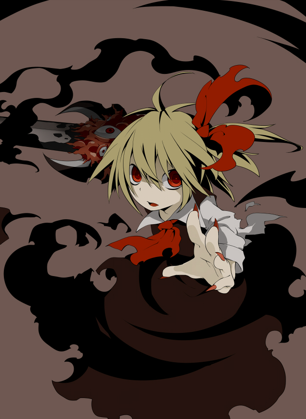 la-do, oguro (moyashi 2-hon), rumia, embodiment of scarlet devil, touhou, bad id, bad pixiv id, 1girl, blonde hair, darkness, dress, female focus, hair ribbon, red eyes, ribbon, shadow, solo, sword, weapon