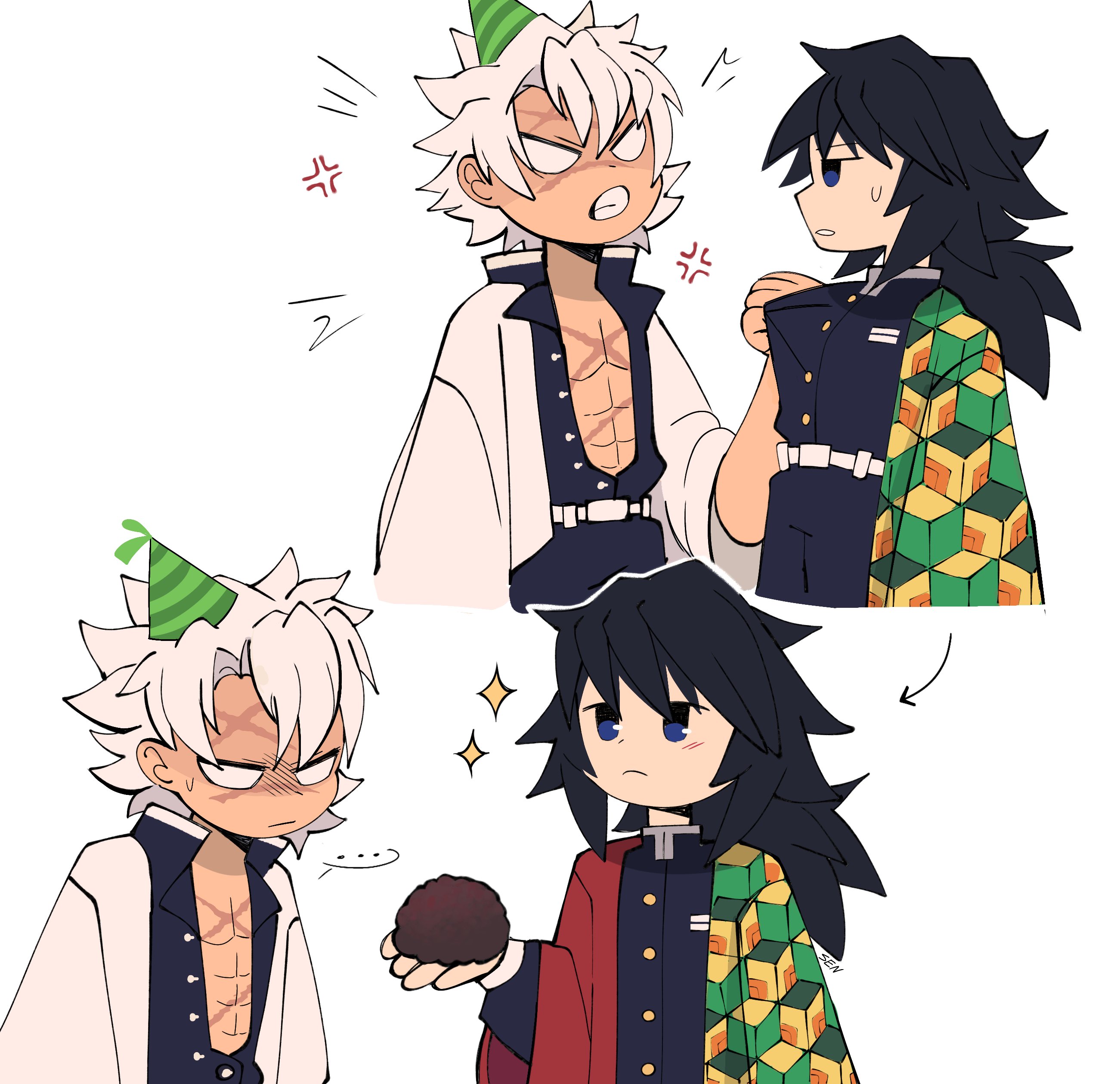 twixei0, shinazugawa sanemi, tomioka giyuu, kimetsu no yaiba, absurdres, highres, 2boys, black hair, black jacket, black pants, demon slayer uniform, haori, happy birthday, high collar, holding, jacket, japanese clothes, kikkoumon, long hair, low ponytail, male focus, multiple boys, multiple views, pants, ponytail, print haori, profile, sparkle, spiked hair, upper body