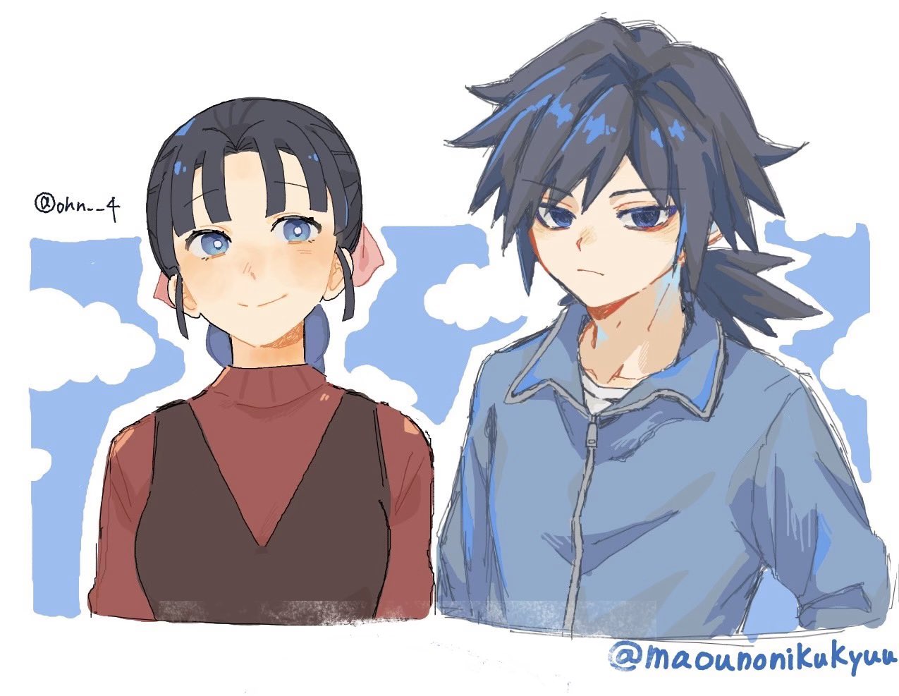 takeshima tsutako, tomioka giyuu, kimetsu no yaiba, 1boy, 1girl, black hair, blue eyes, blue jacket, braid, bright pupils, empty eyes, hair between eyes, jacket, looking at viewer, low ponytail, o87 426, ponytail, red sweater, single braid, smile, spiked hair, sweater, twitter username, upper body, vest, white pupils