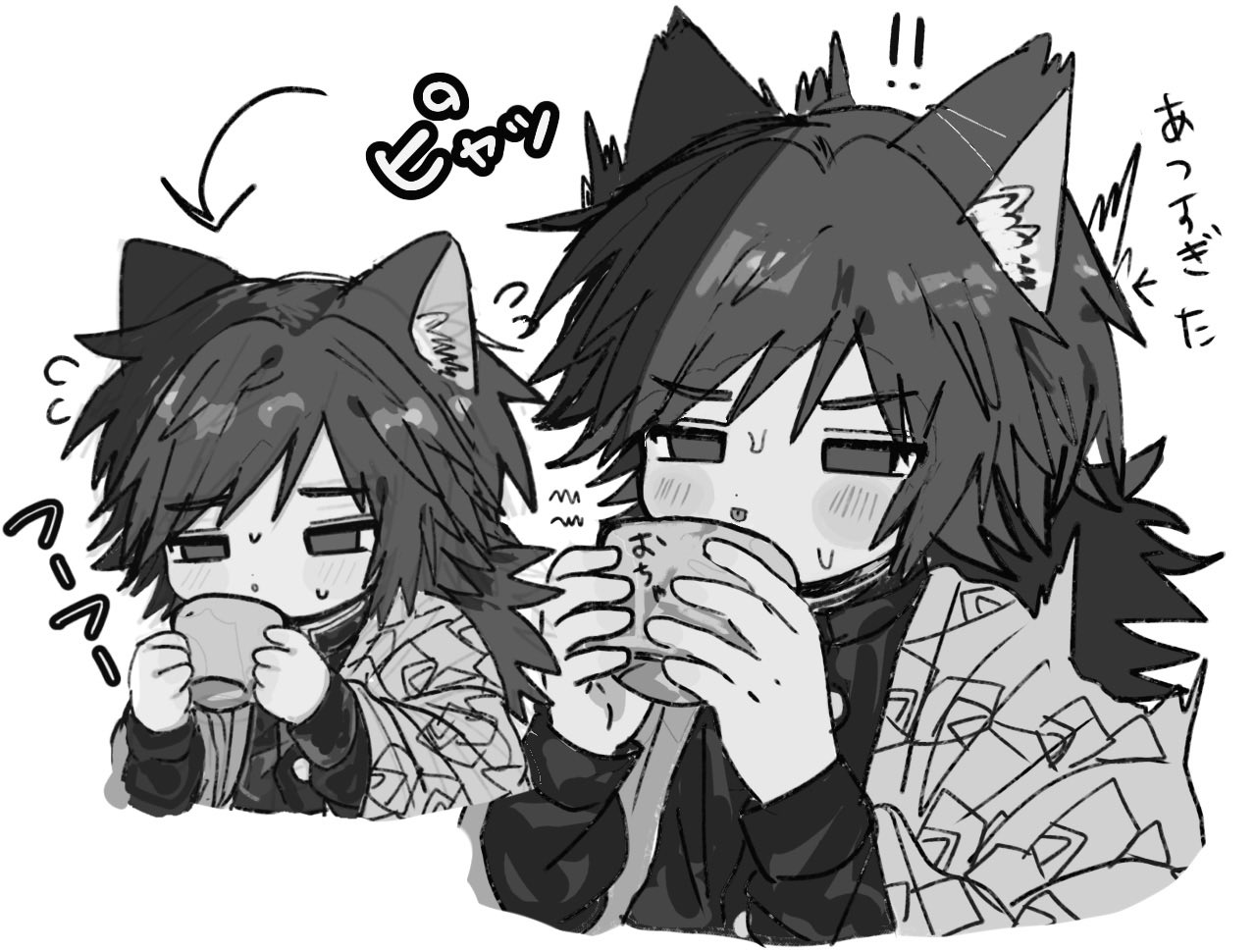 tomioka giyuu, kimetsu no yaiba, translation request, 1boy, cup, demon slayer uniform, greyscale, hands up, haori, high collar, holding, holding cup, jacket, japanese clothes, kikkoumon, long hair, low ponytail, male focus, monochrome, multiple views, ponytail, print haori, simple background, spiked hair, sweat, tongue, tongue out, upper body, usisandao, white background