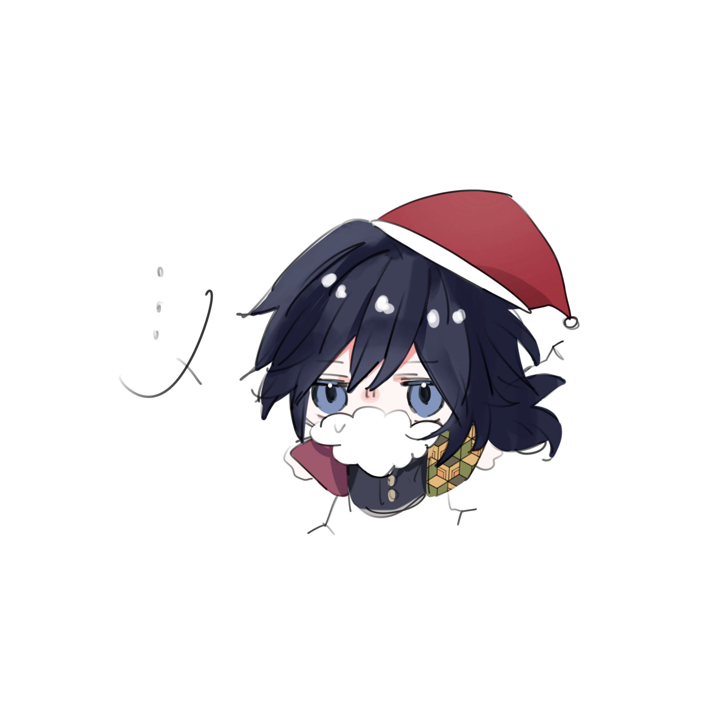 tomioka giyuu, kimetsu no yaiba, absurdres, highres, …, 0x0 co, 1boy, black hair, black jacket, blue eyes, buttons, chibi, chibi only, demon slayer uniform, gold buttons, haori, hat, high collar, jacket, japanese clothes, kikkoumon, long hair, low ponytail, male focus, ponytail, print haori, red haori, santa hat, simple background, solo, spiked hair, spoken ellipsis, upper body, white background