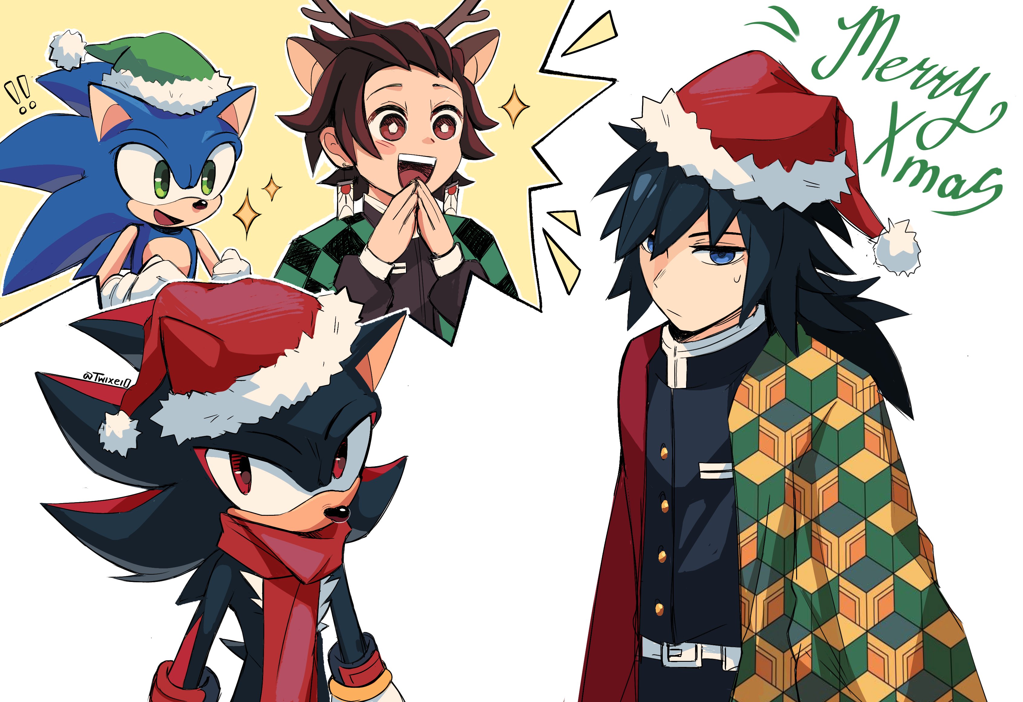 twixei0, kamado tanjirou, shadow the hedgehog, sonic the hedgehog, tomioka giyuu, kimetsu no yaiba, sonic (series), absurdres, highres, 4boys, black hair, black jacket, crossover, demon slayer uniform, earrings, green hat, hanafuda earrings, haori, hat, high collar, jacket, japanese clothes, jewelry, kikkoumon, long hair, low ponytail, male focus, merry christmas, multiple boys, ponytail, print haori, red hat, red scarf, santa hat, scarf, simple background, spiked hair, sweatdrop, white background