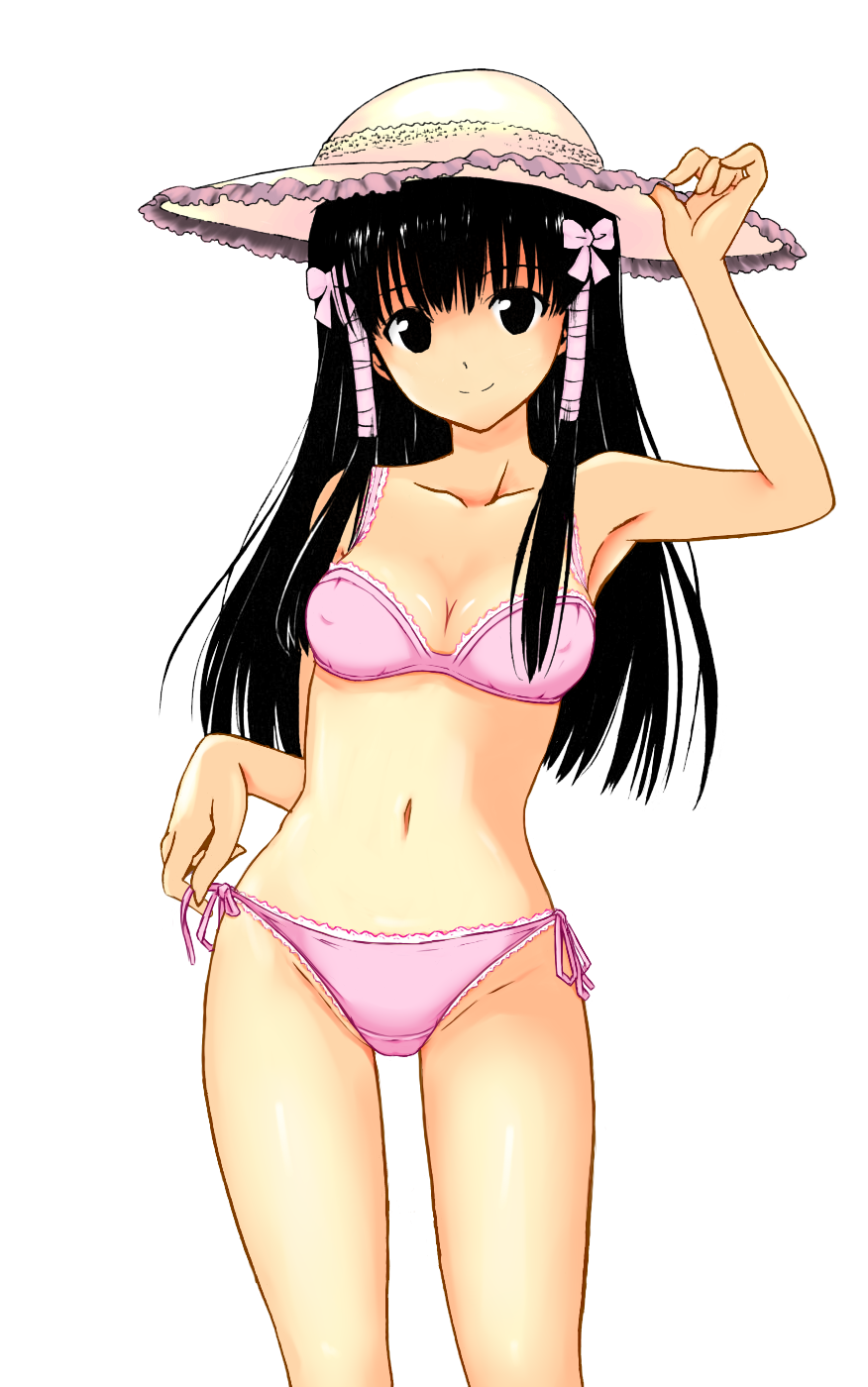 murasame oshizu, to love-ru, highres, third-party edit, 00s, 1girl, armpits, bikini, black eyes, black hair, breasts, cleavage, clothes pull, collarbone, covered erect nipples, female focus, frilled hat, frills, groin, hair ribbon, hand up, hat, hat tip, lace, lace-trimmed bikini, lace trim, light smile, long hair, looking at viewer, navel, one-piece swimsuit pull, purple bikini, ribbon, side-tie bikini bottom, sidelocks, simple background, small breasts, smile, solo, standing, strap pull, sun hat, swimsuit, tress ribbon, white background