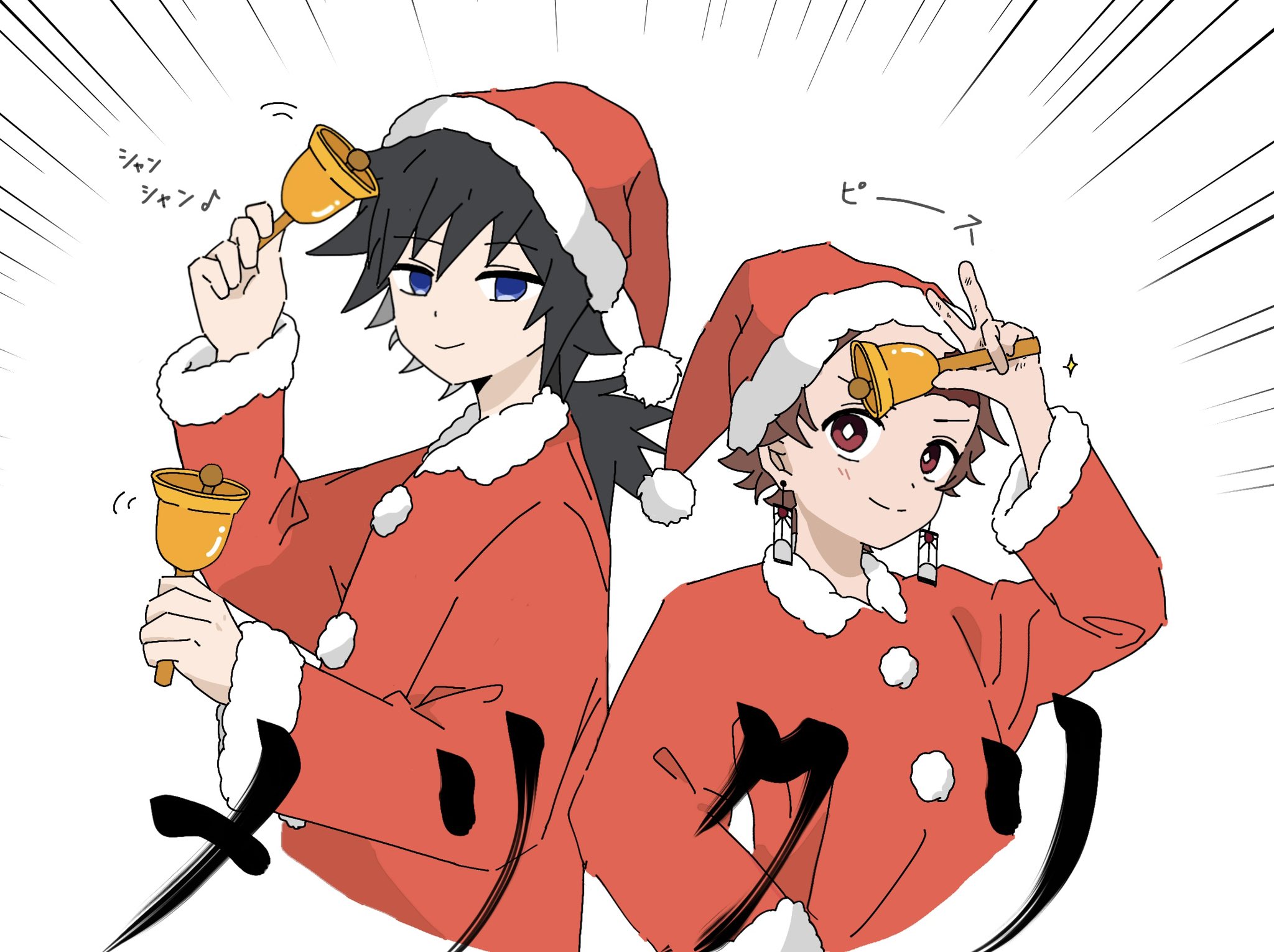 kamado tanjirou, tomioka giyuu, kimetsu no yaiba, highres, 2boys, alternate costume, blue eyes, bright pupils, brown hair, closed mouth, earrings, hanafuda, hanafuda earrings, hat, holding, jewelry, long hair, looking at viewer, male focus, multiple boys, red eyes, red hat, santa costume, santa hat, shibainu 0407, smile, spiked hair, upper body, white background, white pupils