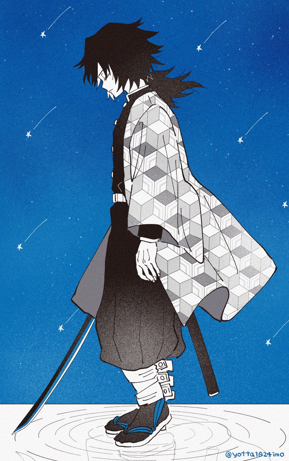 tomioka giyuu, kimetsu no yaiba, highres, 1boy, blue background, buttons, closed eyes, demon slayer uniform, full body, haori, high collar, holding, holding sword, holding weapon, jacket, japanese clothes, katana, kikkoumon, long hair, low ponytail, male focus, ponytail, print haori, profile, sandals, solo, spiked hair, standing, sword, twitter username, weapon, yotta1024imo