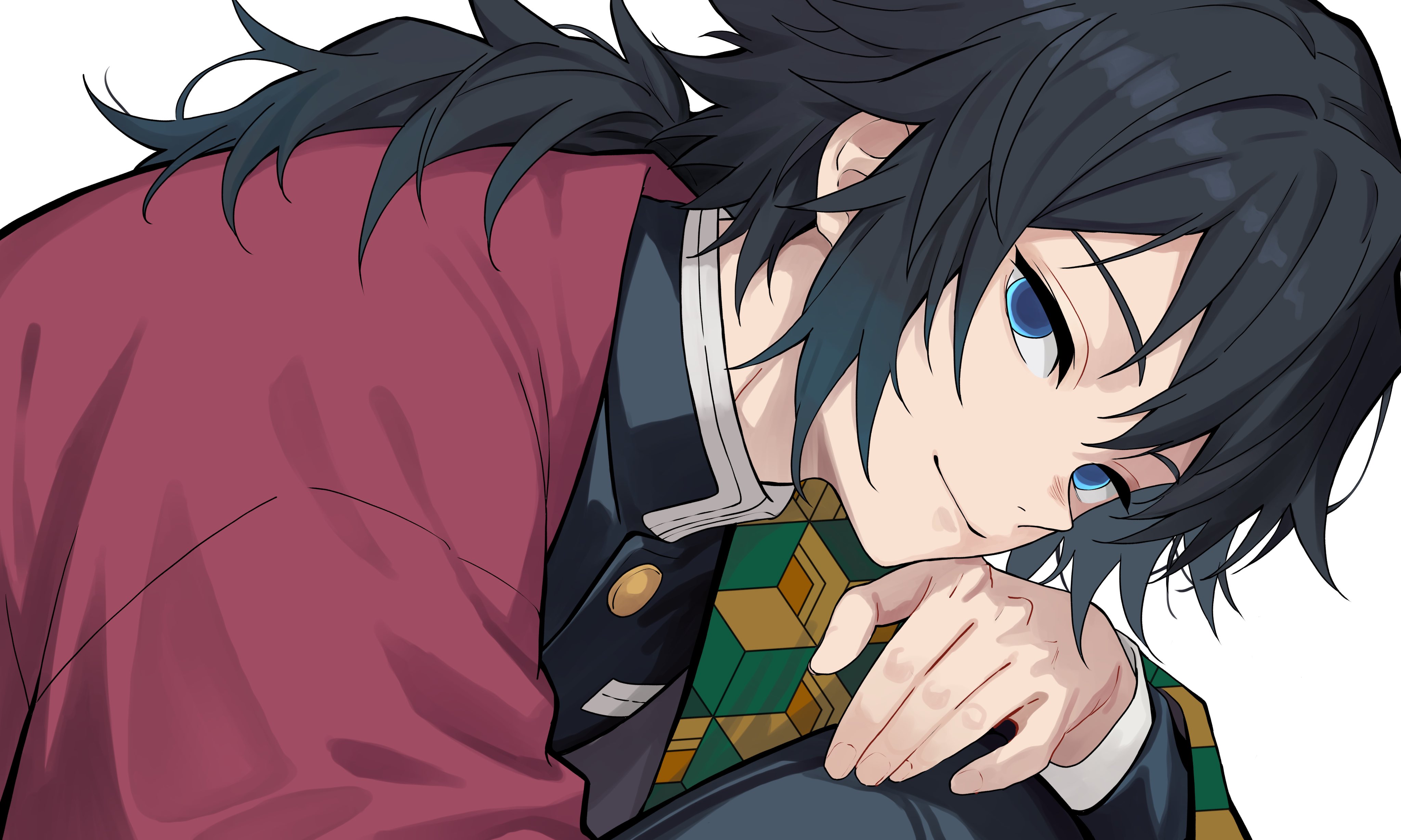 tomioka giyuu, kimetsu no yaiba, absurdres, highres, 1boy, black hair, black jacket, blue eyes, buttons, closed mouth, demon slayer uniform, empty eyes, gold buttons, haori, high collar, jacket, japanese clothes, kikkoumon, kqi621, long hair, looking at viewer, low ponytail, male focus, ponytail, print haori, red haori, simple background, smile, solo, spiked hair, white background