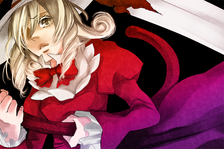 jukka, elly (touhou), lotus land story, touhou, touhou (pc-98), marker (medium), traditional media, 1girl, blonde hair, bow, colored eyelashes, dark, dress, eyelashes, female focus, frills, hair bow, hair over one eye, hat, lips, long sleeves, looking down, ribbon, sad, scythe, shadow, short hair, solo, weapon, wide sleeves, yellow eyes