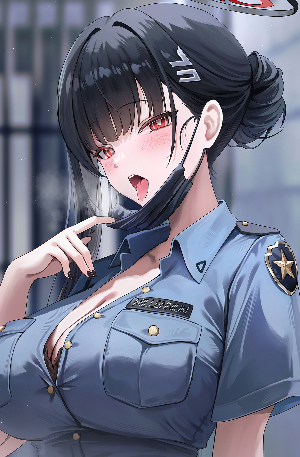 kottungyang, rio (blue archive), blue archive, highres, 1girl, black hair, blue shirt, blush, breasts, hair bun, hair ornament, halo, large breasts, mask, mask pull, mouth mask, open mouth, police, police uniform, red eyes, shirt, solo, tongue, tongue out, upper body