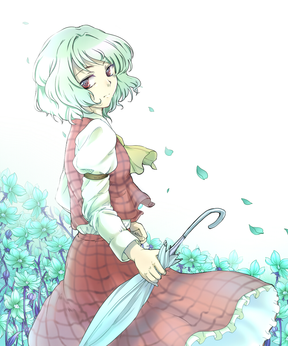 yuko (artist), yuuyuu (yuko), kazami yuuka, touhou, bad id, bad pixiv id, highres, 1girl, arm garter, ascot, closed umbrella, clothes lift, female focus, field, flower, flower field, green hair, looking back, petals, plaid clothes, plaid skirt, plaid vest, red eyes, short hair, skirt, skirt lift, skirt set, solo, umbrella, vest