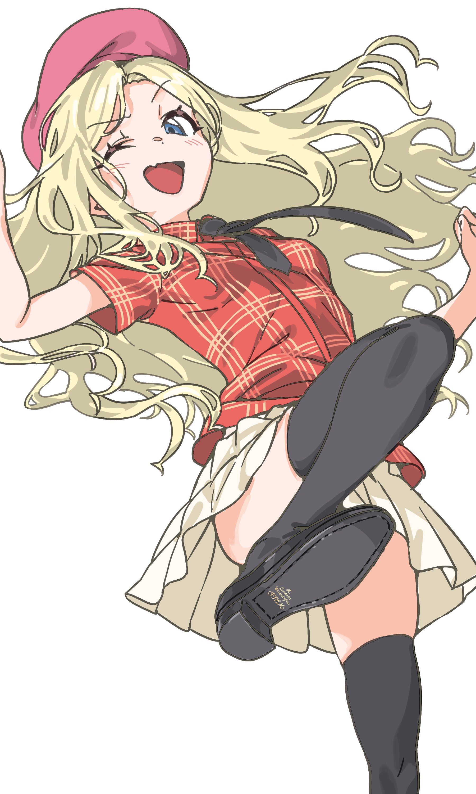 haimura kiyotaka, frenda seivelun, toaru anbu no item, toaru kagaku no railgun, toaru majutsu no index, absurdres, hashtag-only commentary, highres, 1girl, ;d, beret, black necktie, black shoes, black thighhighs, blonde hair, blue eyes, hat, leg lift, long hair, looking at viewer, miniskirt, necktie, one eye closed, open mouth, pink hat, plaid clothes, plaid shirt, red shirt, shirt, shoes, skirt, smile, solo, thighhighs, white background