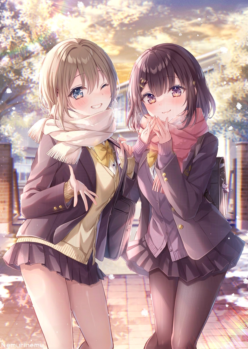nemuri nemu, original, commentary request, highres, 2girls, :3, black jacket, black pantyhose, black skirt, blue eyes, blush, bow, bowtie, brown hair, cardigan, closed mouth, cloud, cowboy shot, day, grin, jacket, long sleeves, looking at viewer, miniskirt, multiple girls, one eye closed, open clothes, open jacket, outdoors, pantyhose, pink scarf, pleated skirt, purple eyes, scarf, short hair, skirt, smile, white scarf, yellow bow, yellow bowtie, yellow cardigan