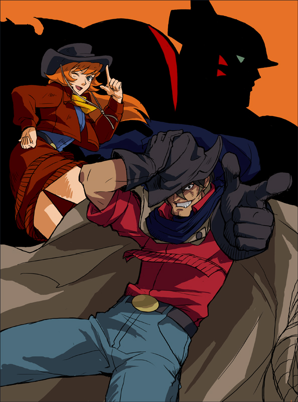 colorful m, jack king, mary king, texas mack, getter robo, shin getter robo vs neo getter robo, toei company, belt, brother and sister, brown hair, cowboy, cowboy hat, cowboy western, denim, gloves, grin, hat, jeans, mecha, one eye closed, orange hair, pants, pointing, robot, scarf, siblings, smile, western, wink