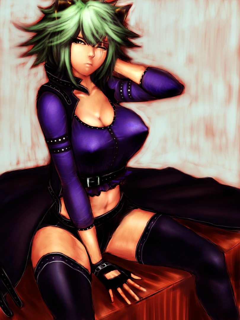 fumio (rsqkr), 1girl, animal ears, belt, breasts, cat ears, cleavage, covered erect nipples, curvy, female focus, fingerless gloves, gloves, green hair, large breasts, midriff, navel, no bra, one eye closed, scar, short hair, sitting, solo, thighhighs, wink