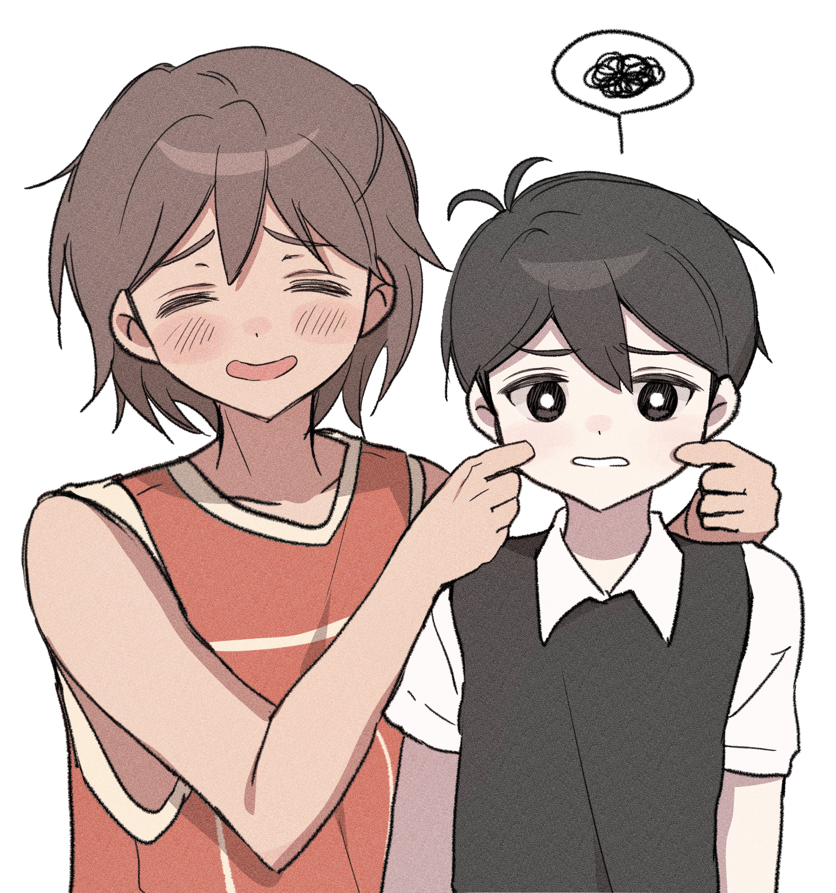 wktdms1, kel (faraway) (omori), kel (omori), sunny (omori), omori, absurdres, highres, 2boys, antenna hair, black eyes, black hair, blush, bright pupils, brown hair, cheek pull, closed eyes, collarbone, collared shirt, dark-skinned male, dark skin, double-parted bangs, hair behind ear, hair between eyes, looking at viewer, male focus, multiple boys, open mouth, parted lips, shirt, short hair, short sleeves, simple background, smile, tareme, white background, white pupils, white shirt