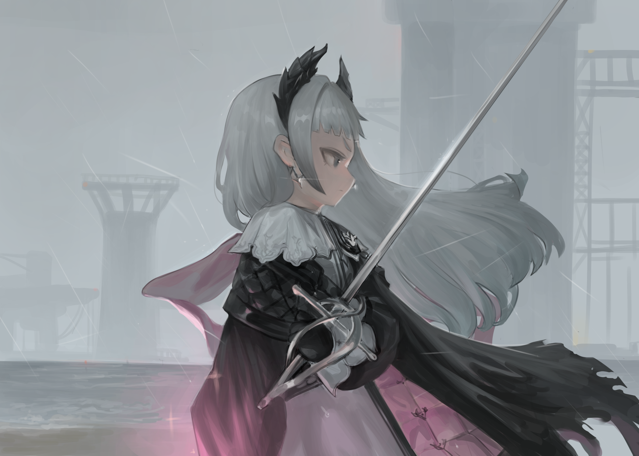 dokomon, irene (arknights), arknights, commentary request, highres, 1girl, black gloves, black jacket, closed mouth, earrings, from side, glint, gloves, grey eyes, grey hair, grey skirt, holding, holding sword, holding weapon, jacket, jewelry, long hair, long sleeves, overcast, profile, puffy long sleeves, puffy sleeves, rain, skirt, sky, solo, sword, tower, very long hair, weapon