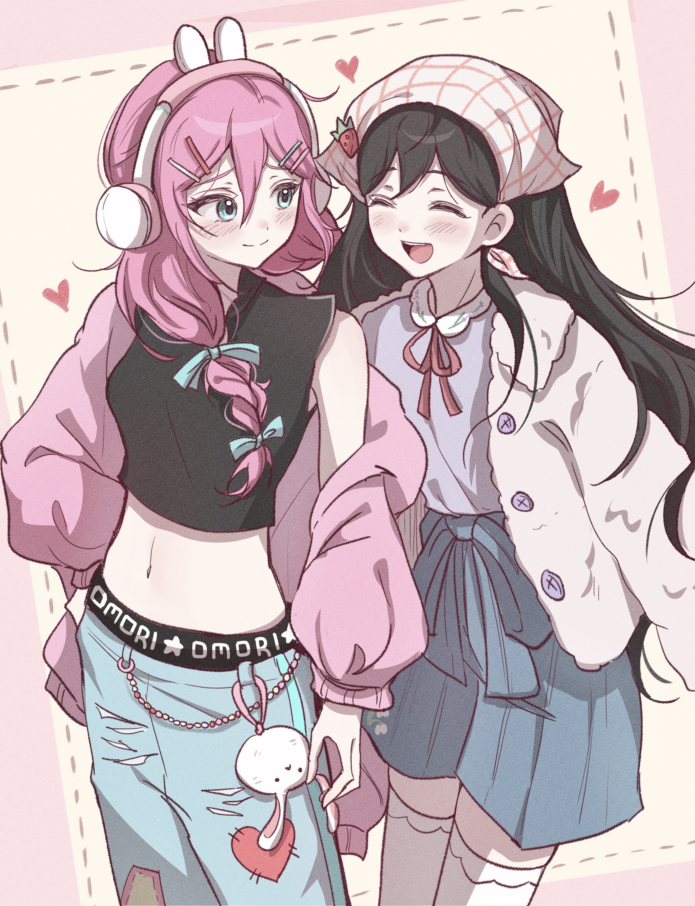 wktdms1, aubrey (birthday) (omori), aubrey (faraway) (omori), aubrey (omori), forest bunny? (omori), mari (birthday) (omori), mari (faraway) (omori), mari (omori), omori, absurdres, highres, 2girls, animal ear headphones, animal ears, black hair, blue bow, blue eyes, blue shorts, blush, bow, braid, breasts, cardigan, character charm, charm (object), closed eyes, closed mouth, crop top, denim, double-parted bangs, fake animal ears, fashion, hair behind ear, hair between eyes, hair bow, hair ornament, hairclip, headphones, heart, jacket, jeans, long hair, looking at another, low twin braids, multiple girls, navel, open cardigan, open clothes, pants, pink cardigan, pink hair, rabbit ear headphones, rabbit ears, shorts, small breasts, smile, thighhighs, torn clothes, torn jeans, torn pants, twin braids, white jacket, white thighhighs, y2k fashion