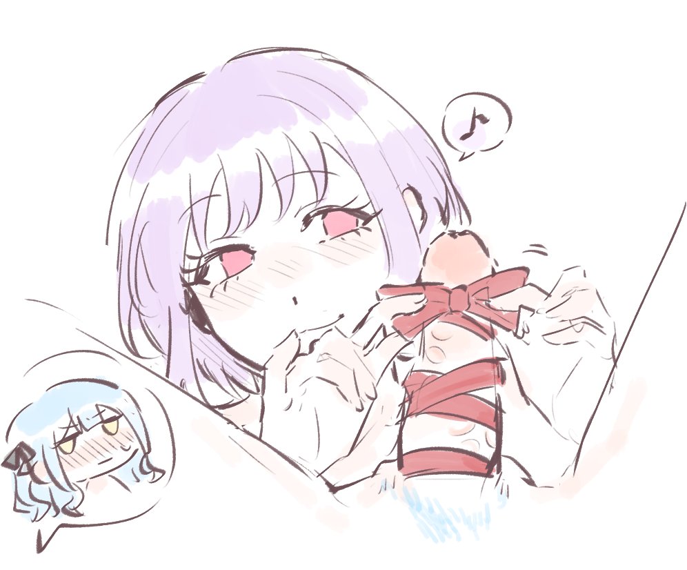 hui 0w0, togawa sakiko, yuutenji nyamu, bang dream!, bang dream! it's mygo!!!!!, chinese commentary, commentary request, 2girls, blue hair, futa with female, futanari, multiple girls, penis, penis ribbon, pink eyes, pubic hair, purple hair, red ribbon, ribbon, short hair, simple background, white background, yellow eyes