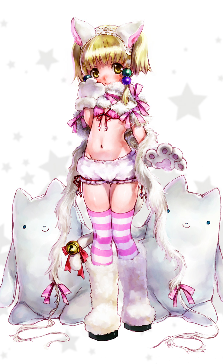 nakamura kanko, irui guneden, banpresto, super robot wars, fur, highres, 1girl, animal ears, animal hands, bell, bikini, bikini top only, blonde hair, bloomers, blush, boots, cameltoe, cat ears, cat tail, feather boa, female focus, gloves, hair bobbles, hair ornament, jingle bell, loli, midriff, navel, paw gloves, ribbon, smile, solo, star (symbol), striped clothes, striped thighhighs, stuffed animal, stuffed toy, swimsuit, tail, tail bell, tail ornament, tail ribbon, thighhighs, twintails, underwear, yellow eyes