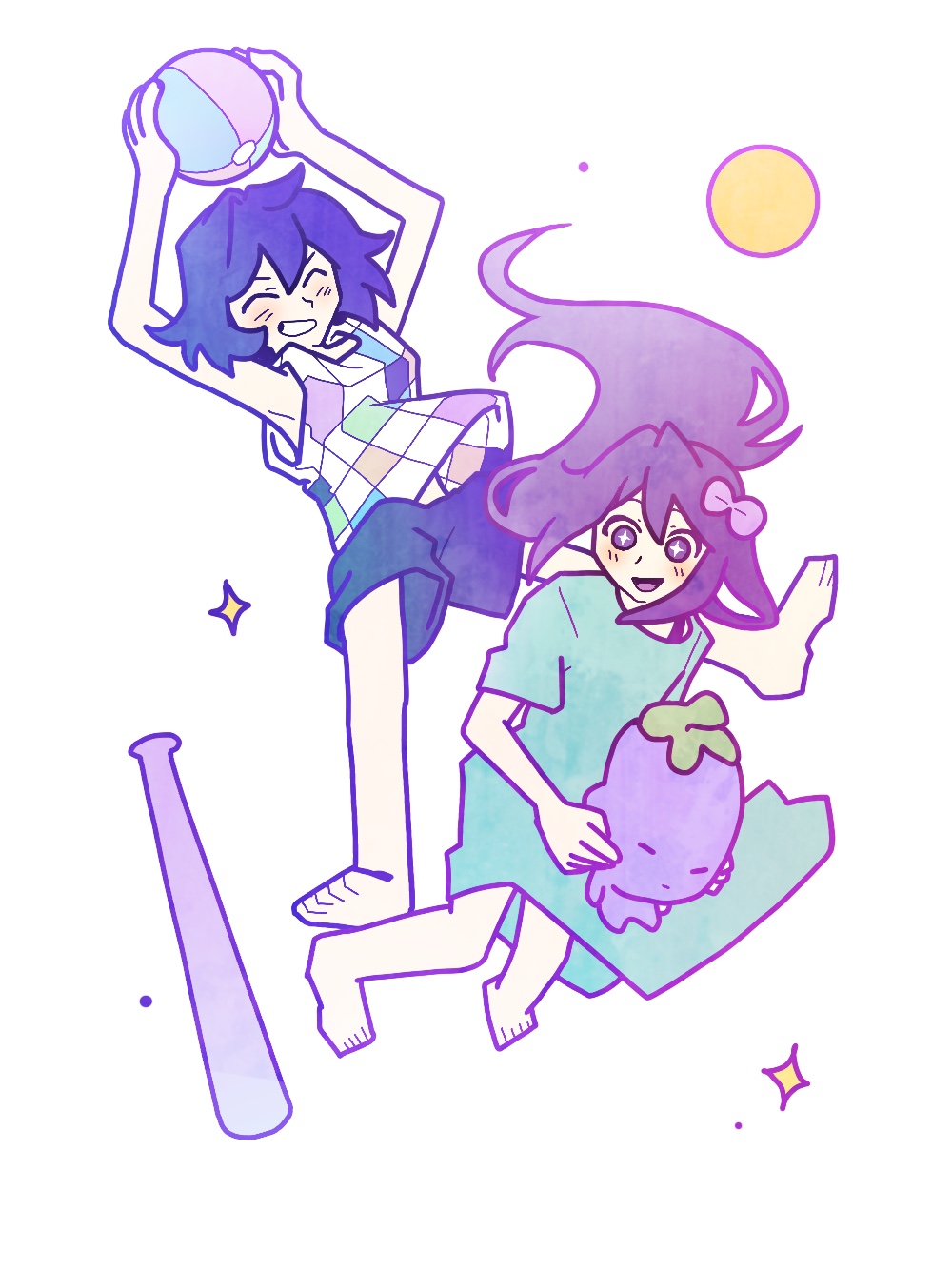 pyoppyop omori, aubrey (headspace) (omori), aubrey (omori), kel (headspace) (omori), kel (omori), mr. plantegg (omori), omori, highres, + +, 1boy, 1girl, :d, ^ ^, aqua dress, arms up, ball, bare legs, bare shoulders, barefoot, baseball bat, beachball, bra strap, bright pupils, checkered clothes, checkered shirt, closed eyes, dress, floating hair, full body, grin, holding, holding ball, holding beachball, holding stuffed toy, jumping, long hair, looking down, open mouth, pale skin, purple eyes, purple hair, purple shorts, shirt, short hair, short sleeves, shorts, simple background, sleeveless, sleeveless shirt, smile, sparkle, stuffed animal, stuffed eggplant, stuffed toy, toes, tongue, v-shaped eyebrows, very long hair, white background, white pupils