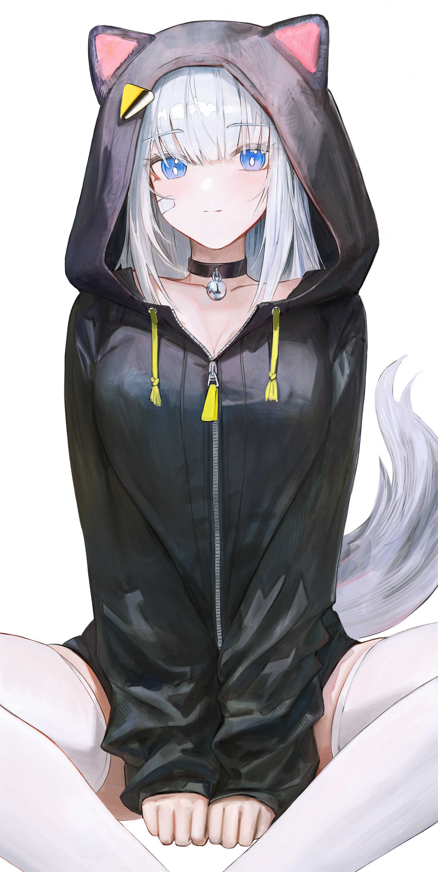 flippy (cripine111), estella (arknights), arknights, arknights: endfield, absurdres, commentary, highres, 1girl, animal hood, bandaid, bandaid on face, bell, between legs, blue eyes, bright pupils, cat hood, cat tail, closed mouth, hand between legs, hood, hood up, hooded jacket, jacket, long hair, looking at viewer, neck bell, no pants, simple background, sitting, solo, straight-on, tail, thighhighs, white background, white hair, white pupils, white thighhighs