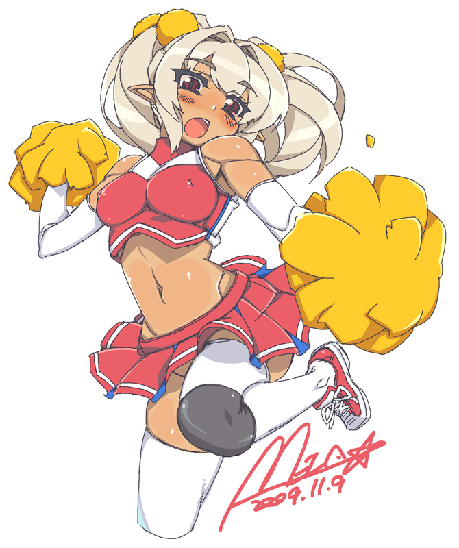 mel/a, luna (mel/a), original, silver hair, 1girl, bare shoulders, blush, breasts, breasts squeezed together, cheerleader, covered erect nipples, dark-skinned female, dark skin, elbow gloves, female focus, gloves, jumping, knee pads, large breasts, midriff, muscular, navel, no panties, open clothes, open shirt, pointy ears, pom pom (cheerleading), red eyes, shirt, shoes, skirt, sneakers, solo, thighhighs, toned, toned female, twintails, white thighhighs