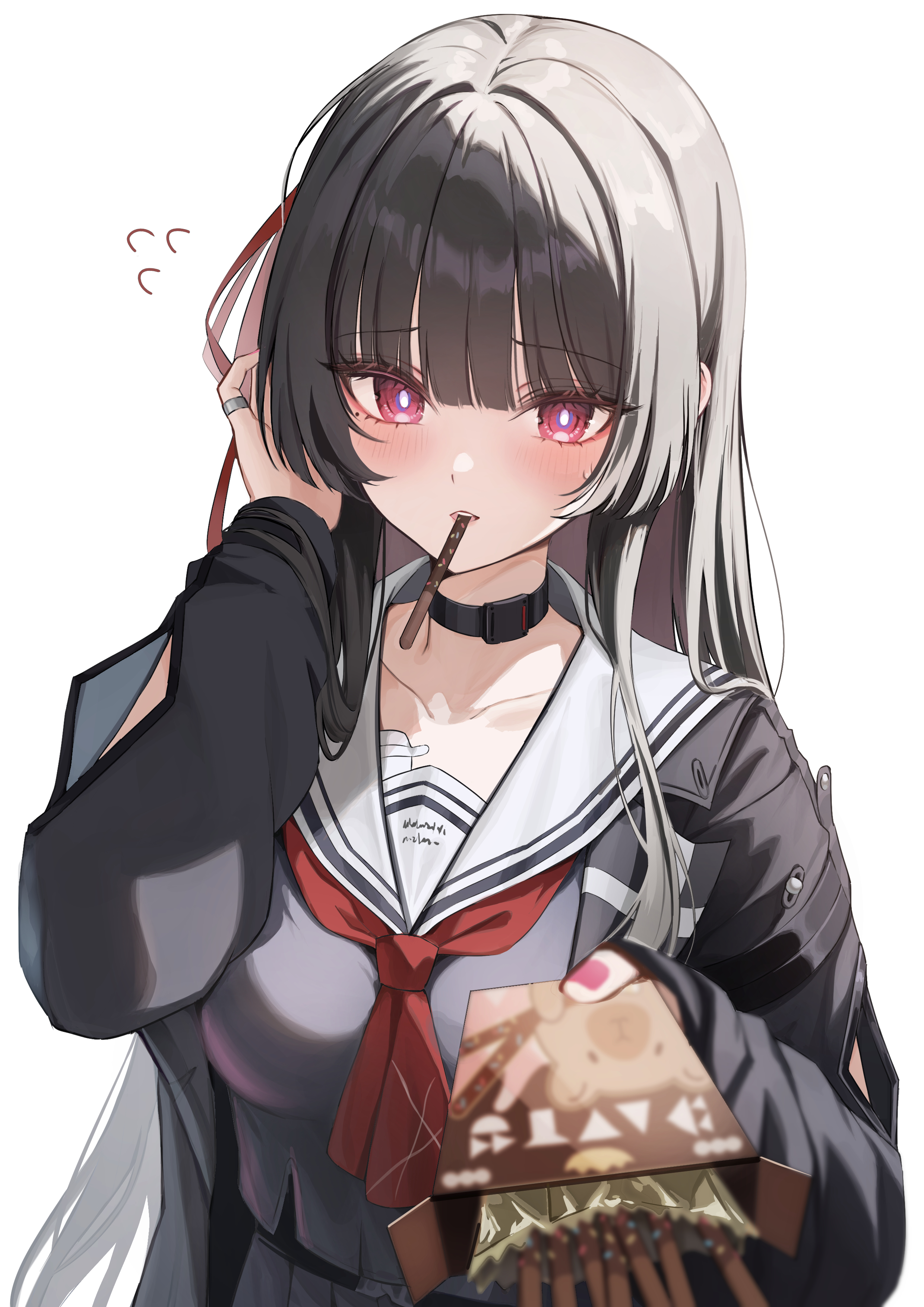 nurie6351, chisa (wuthering waves), wuthering waves, absurdres, commentary, highres, 1girl, arm cutout, black choker, black hair, black jacket, black shirt, blue pupils, blush, breasts, choker, clothing cutout, collarbone, embarrassed, flying sweatdrops, food, food in mouth, hair ribbon, hand up, holding, holding food, holding pocky, jacket, long hair, long sleeves, looking at viewer, medium breasts, mole, mole under eye, neckerchief, pocky, pocky in mouth, red eyes, red neckerchief, red ribbon, ribbon, sailor collar, shirt, simple background, solo, sweatdrop, upper body, white background, white sailor collar