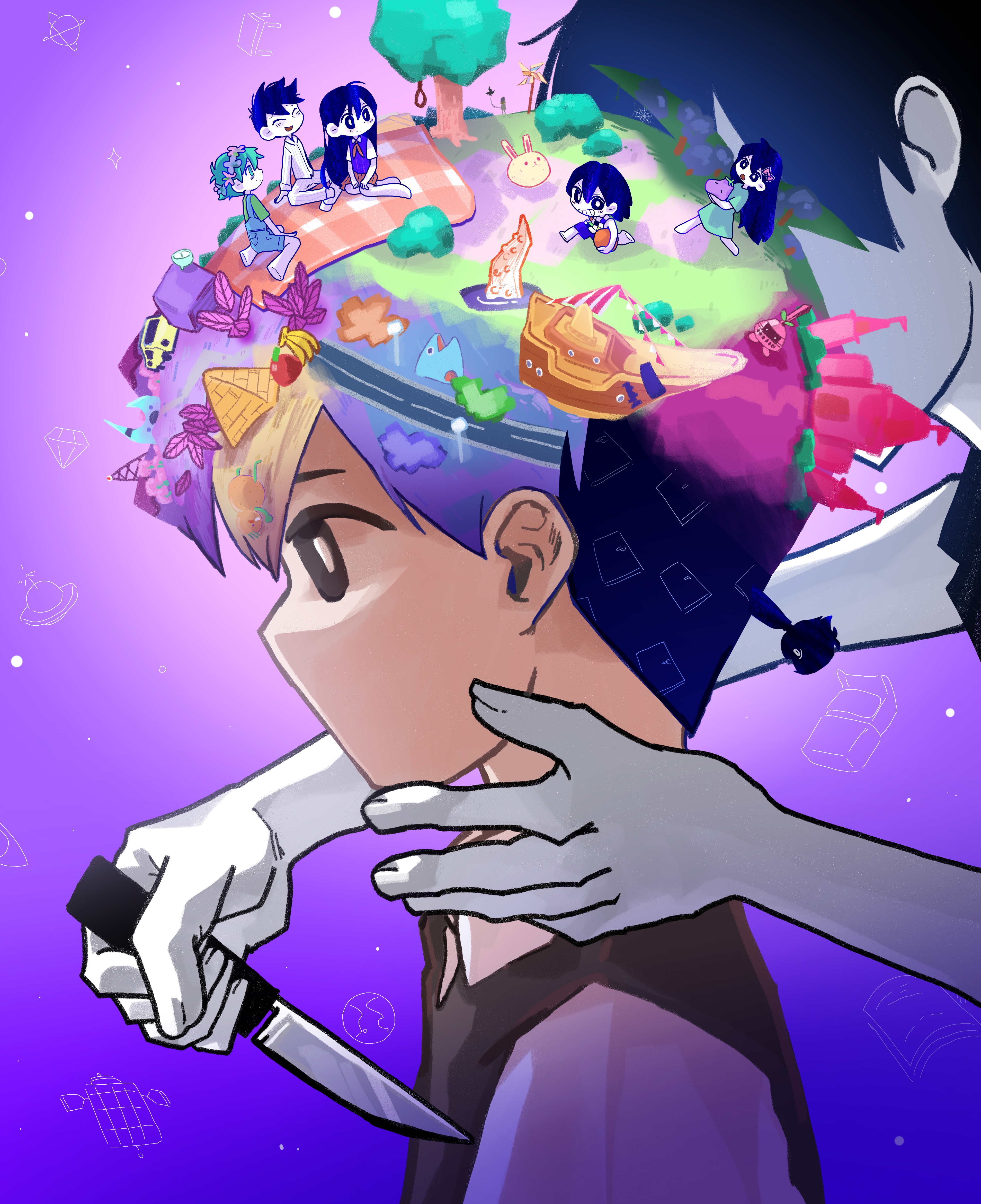 pyoppyop omori, abbi (omori), aubrey (headspace) (omori), aubrey (omori), basil (headspace) (omori), basil (omori), forest bunny (omori), hero (headspace) (omori), hero (omori), kel (headspace) (omori), kel (omori), mari (headspace) (omori), mari (omori), mr. plantegg (omori), omori (omori), sir maximus (omori), stranger (omori), sunny (omori), omori, absurdres, highres, 2girls, 6+boys, ball, barefoot, black eyes, black hair, black sweater vest, blush, bow, bright pupils, chibi, closed eyes, closed mouth, collared shirt, colored skin, dual persona, green eyes, green hair, grin, hair behind ear, hair bow, holding, holding ball, holding stuffed toy, long hair, multiple boys, multiple girls, neckerchief, noose, open mouth, parted lips, pink bow, pinwheel, profile, purple eyes, purple hair, purple sweater vest, red neckerchief, shirt, short sleeves, skirt, smile, stuffed animal, stuffed eggplant, stuffed toy, sweater vest, teeth, tentacles, tree, white eyes, white pupils, white shirt, white skin, white skirt